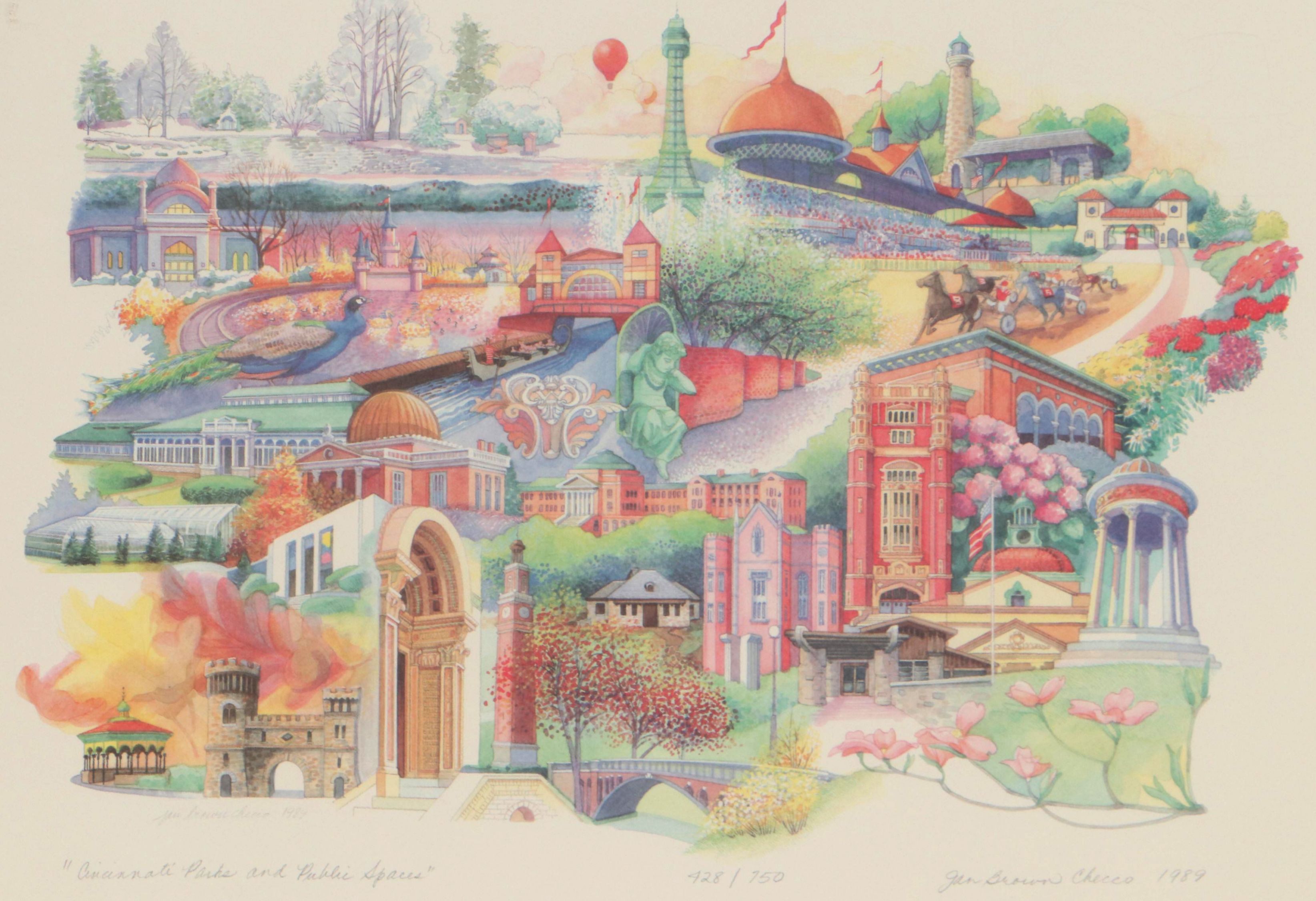 Jan Brown Checco Offset Lithograph "Cincinnati Parks and Public Spaces," 1989
