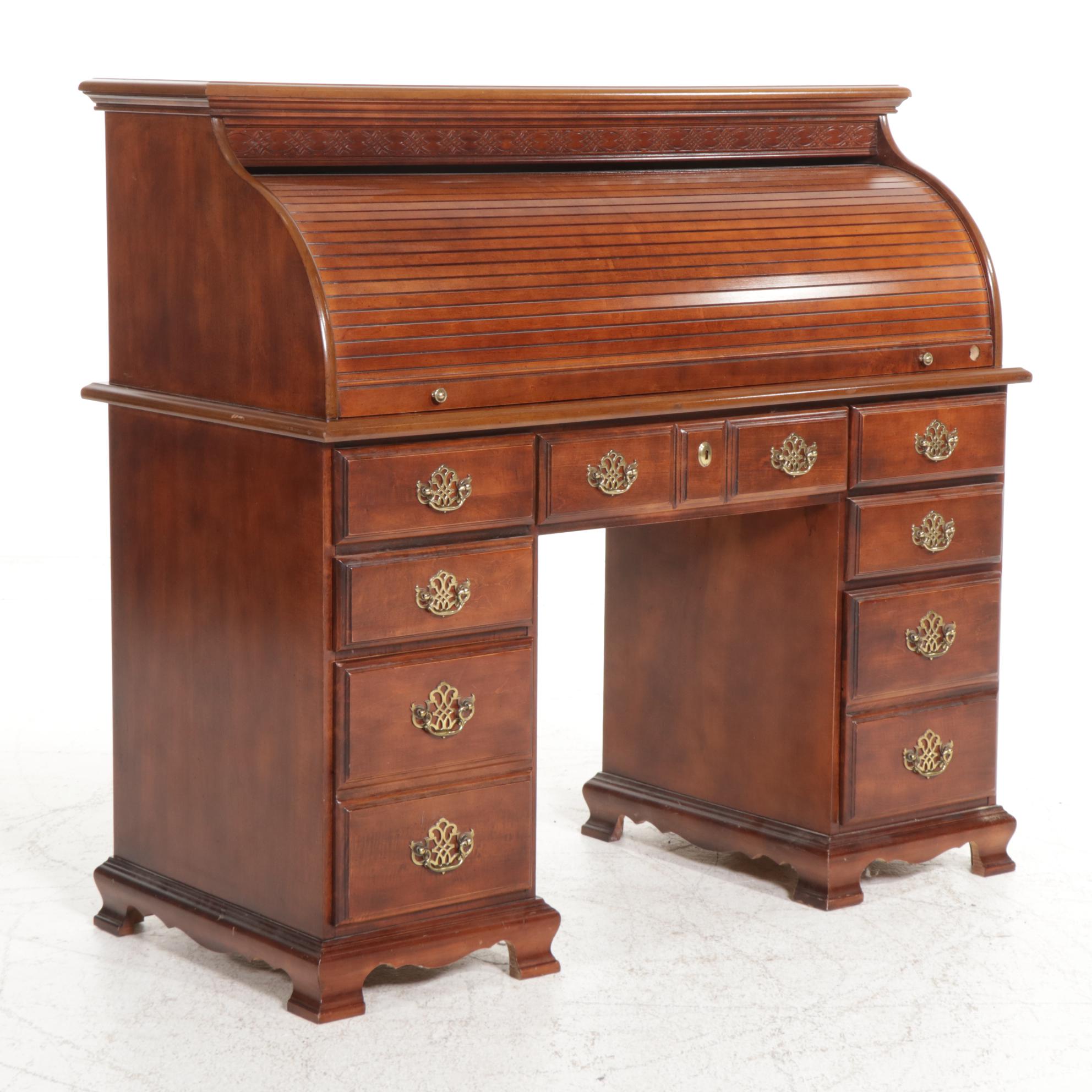 Chippendale Style Cherry Roll-Top Desk with Broyhill Chair
