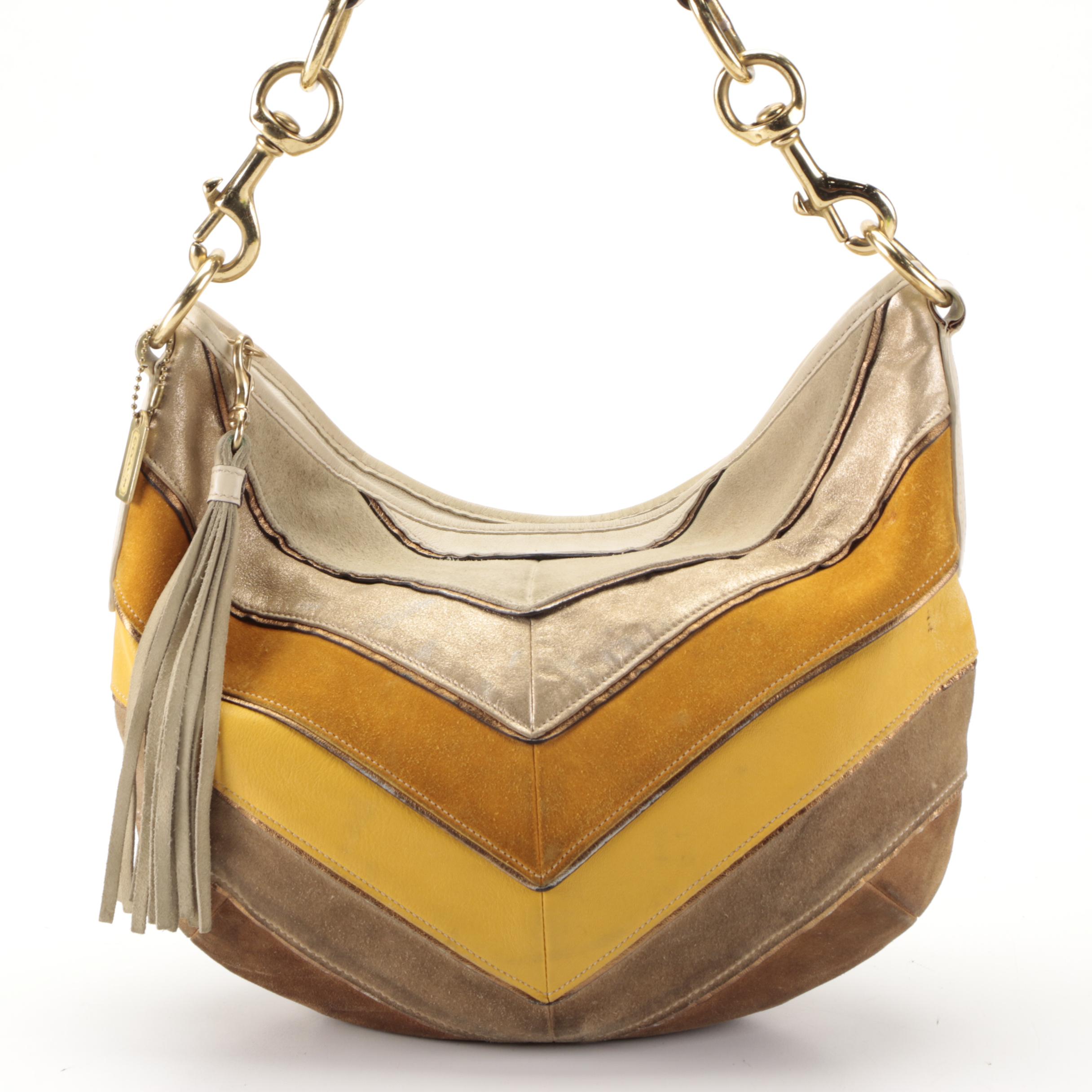 Coach Chevron Shoulder Bag in Suede and Leather with Tassel Zip