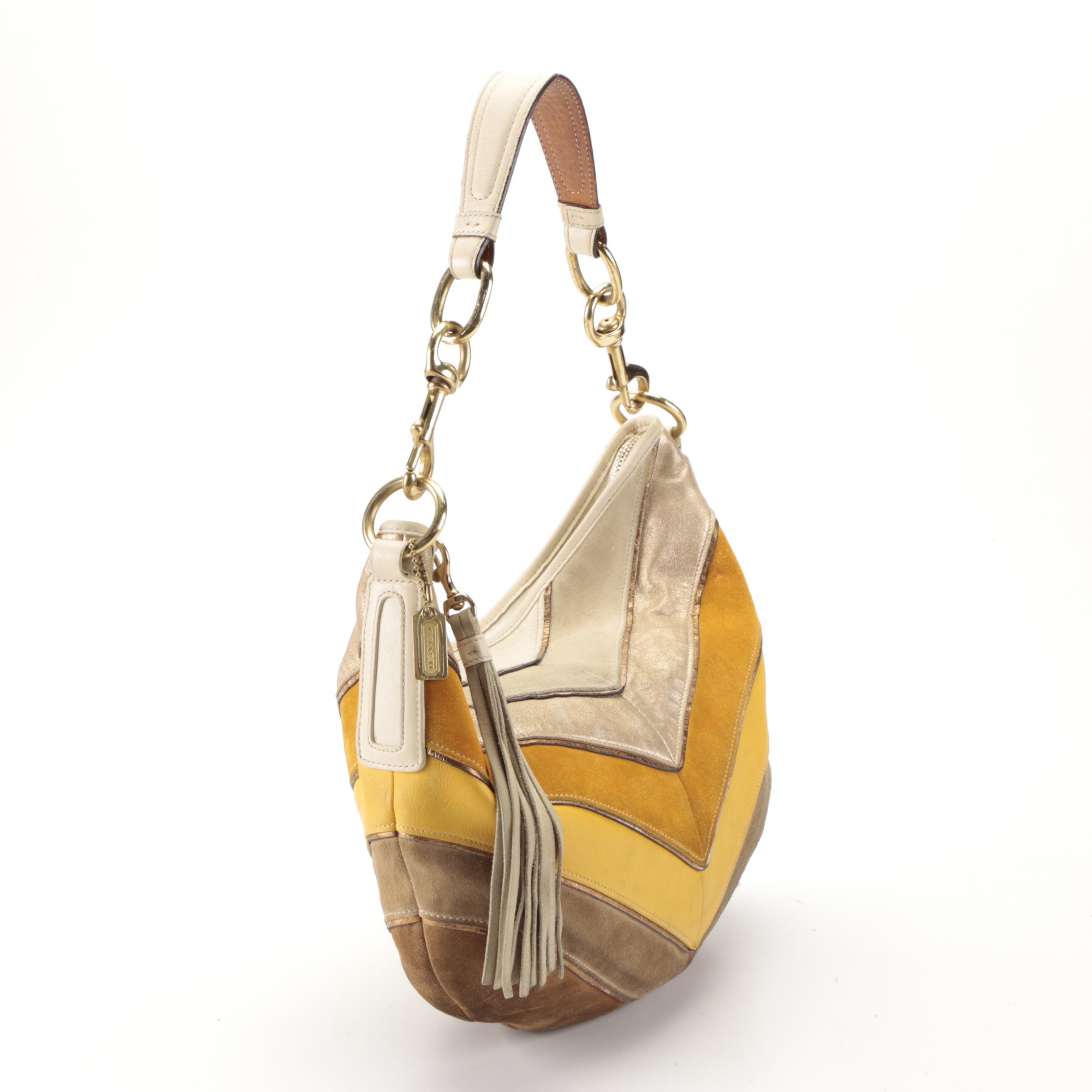 Coach Chevron Shoulder Bag in Suede and Leather with Tassel Zip