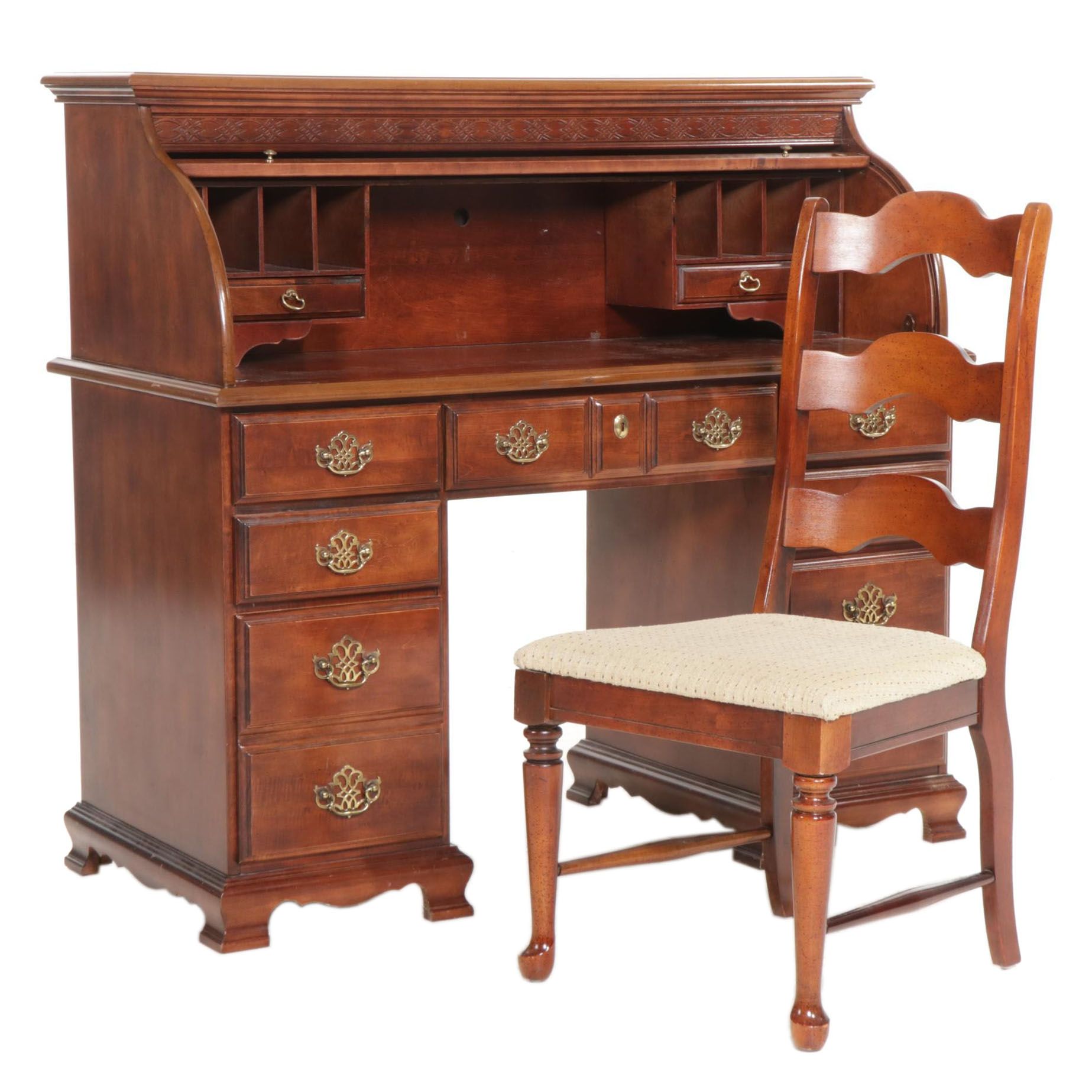 Chippendale Style Cherry Roll-Top Desk with Broyhill Chair