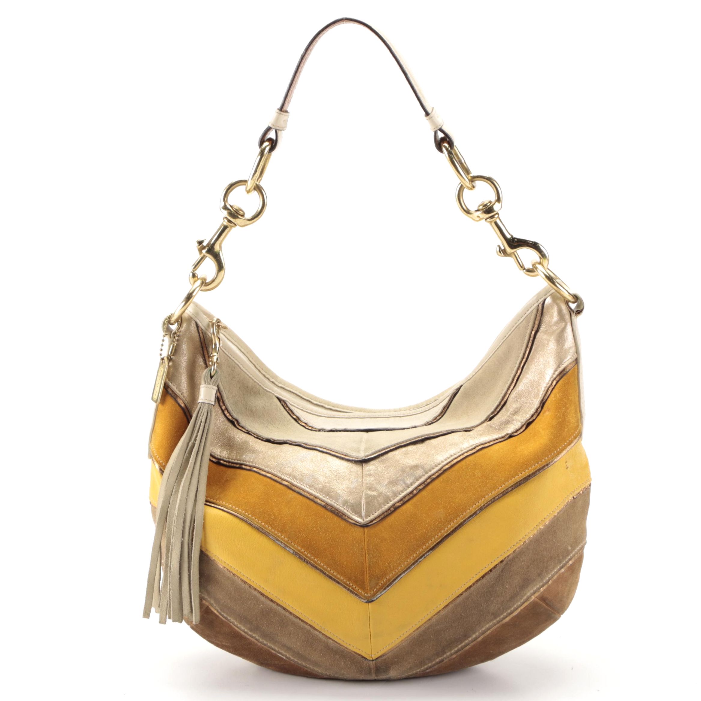 Coach Chevron Shoulder Bag in Suede and Leather with Tassel Zip
