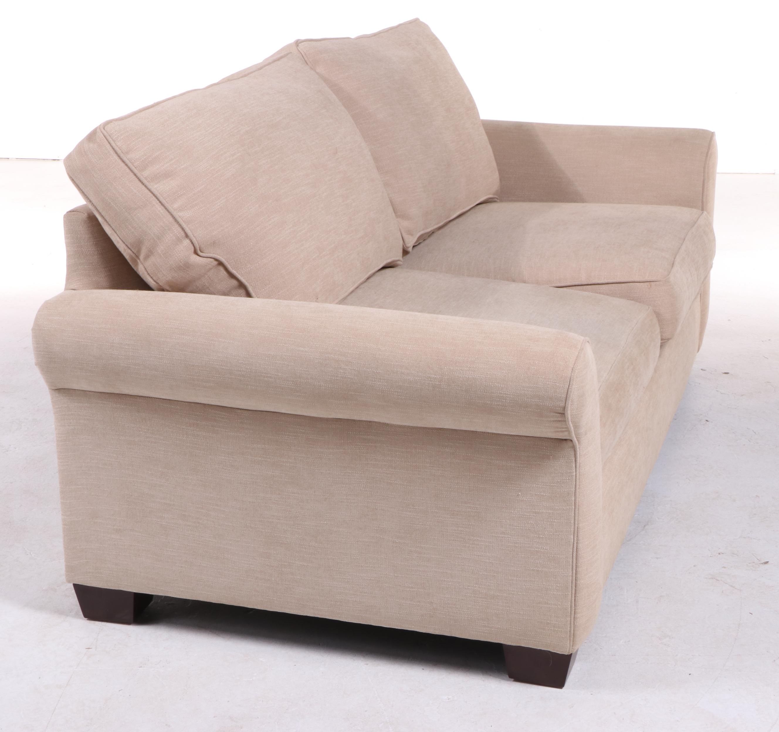 Pottery Barn Cream Fabric Upholstered Roll Arm Loveseat