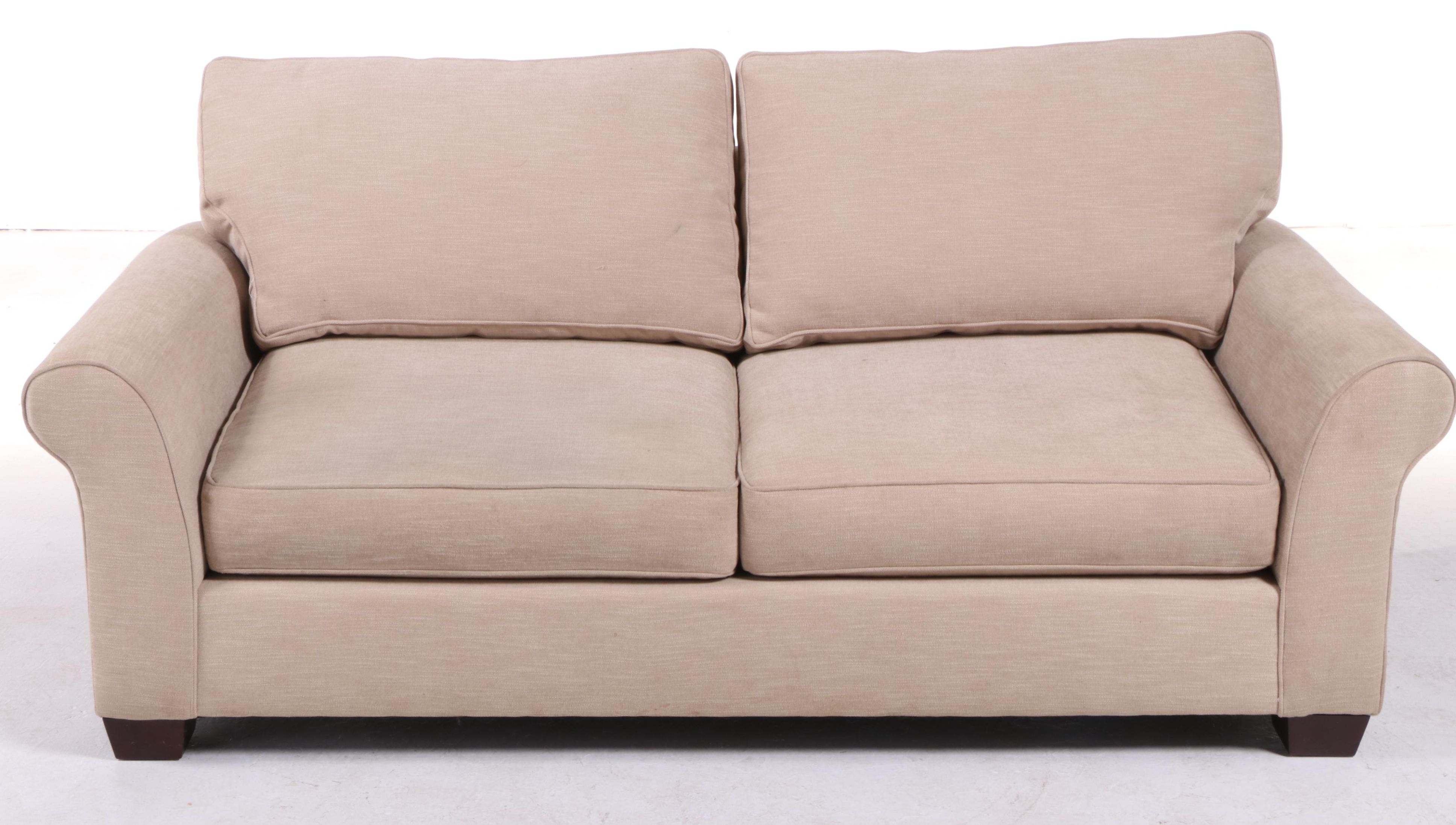 Pottery Barn Cream Fabric Upholstered Roll Arm Loveseat