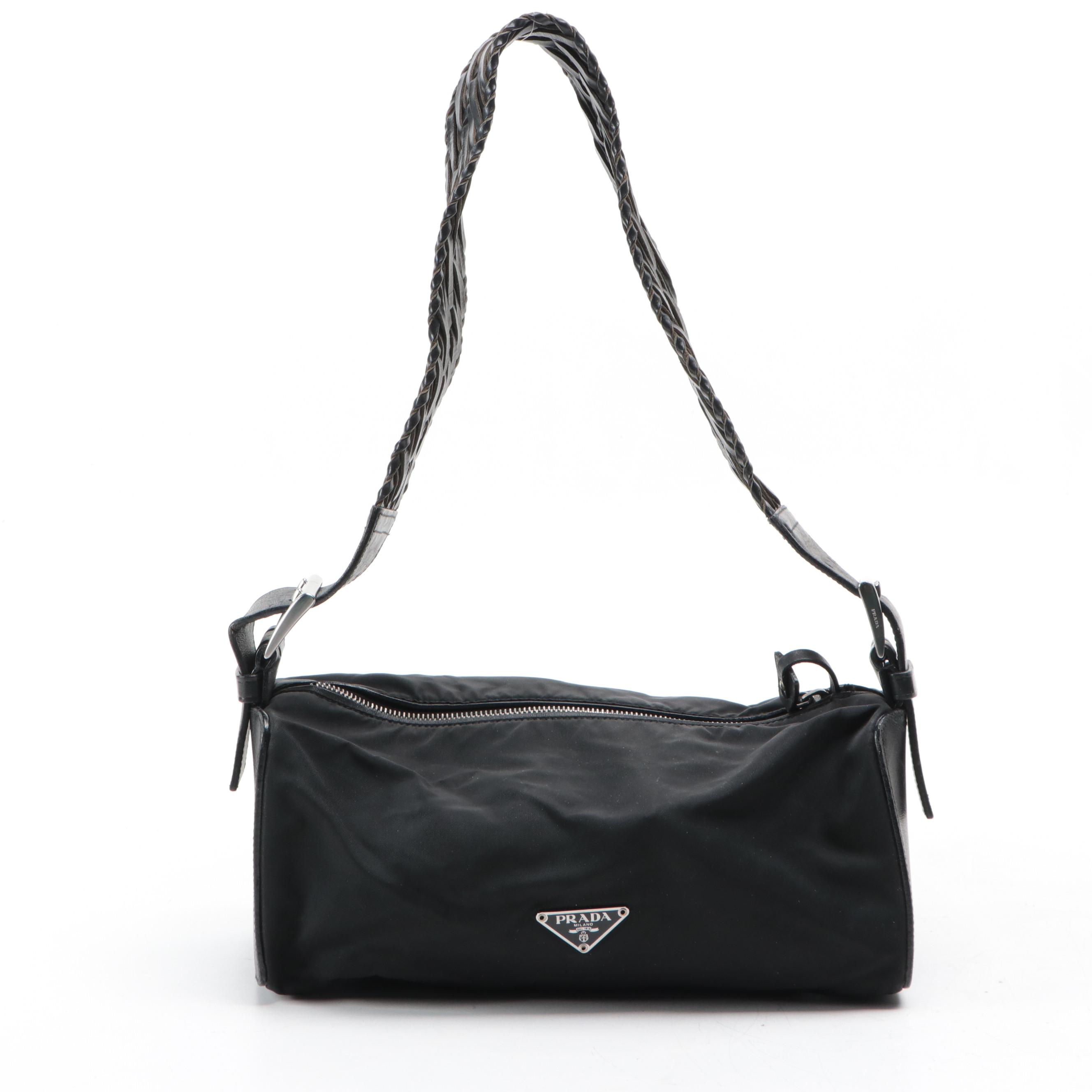 Prada Shoulder Bag in Black Nylon Tessuto and Leather with Braided Strap