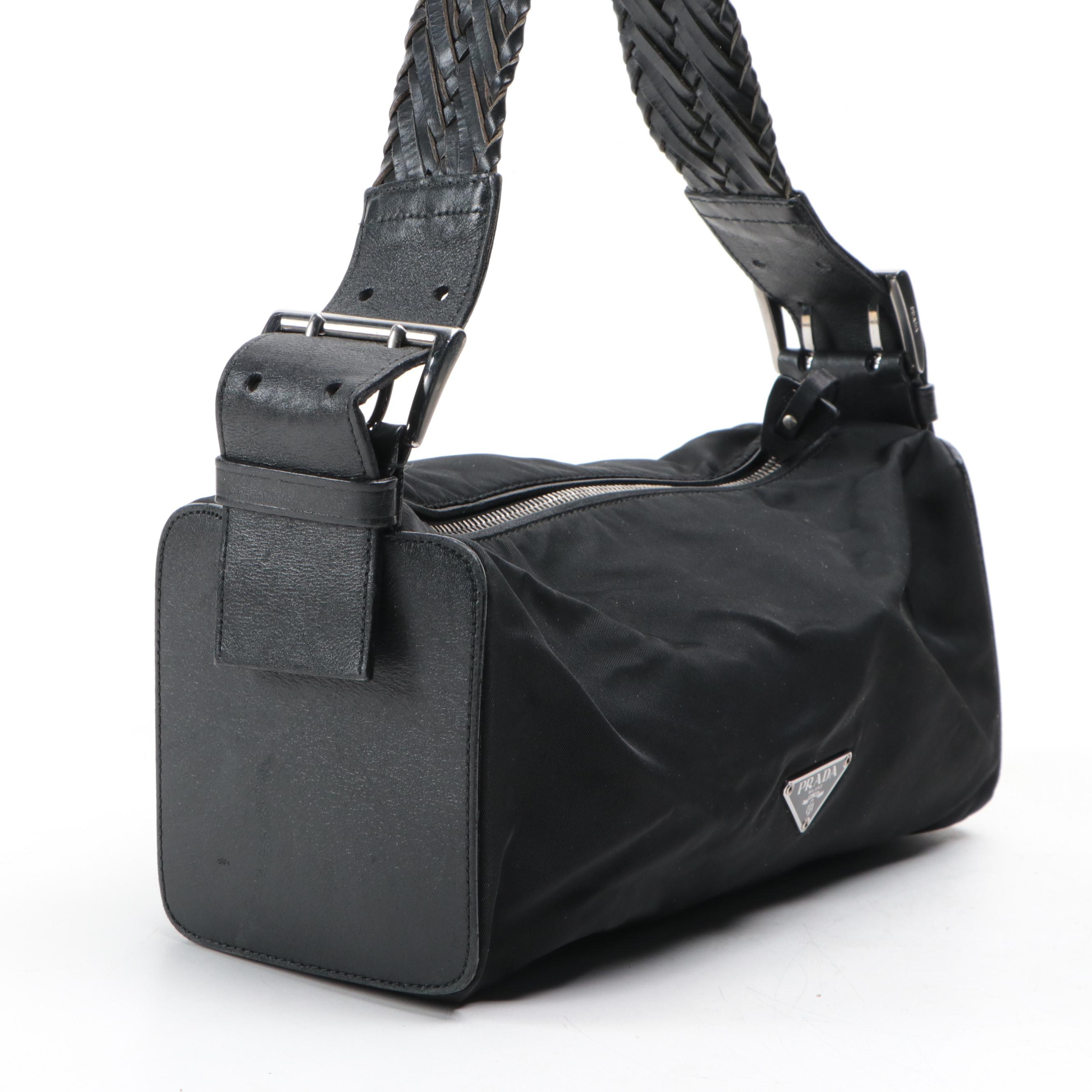 Prada Shoulder Bag in Black Nylon Tessuto and Leather with Braided Strap
