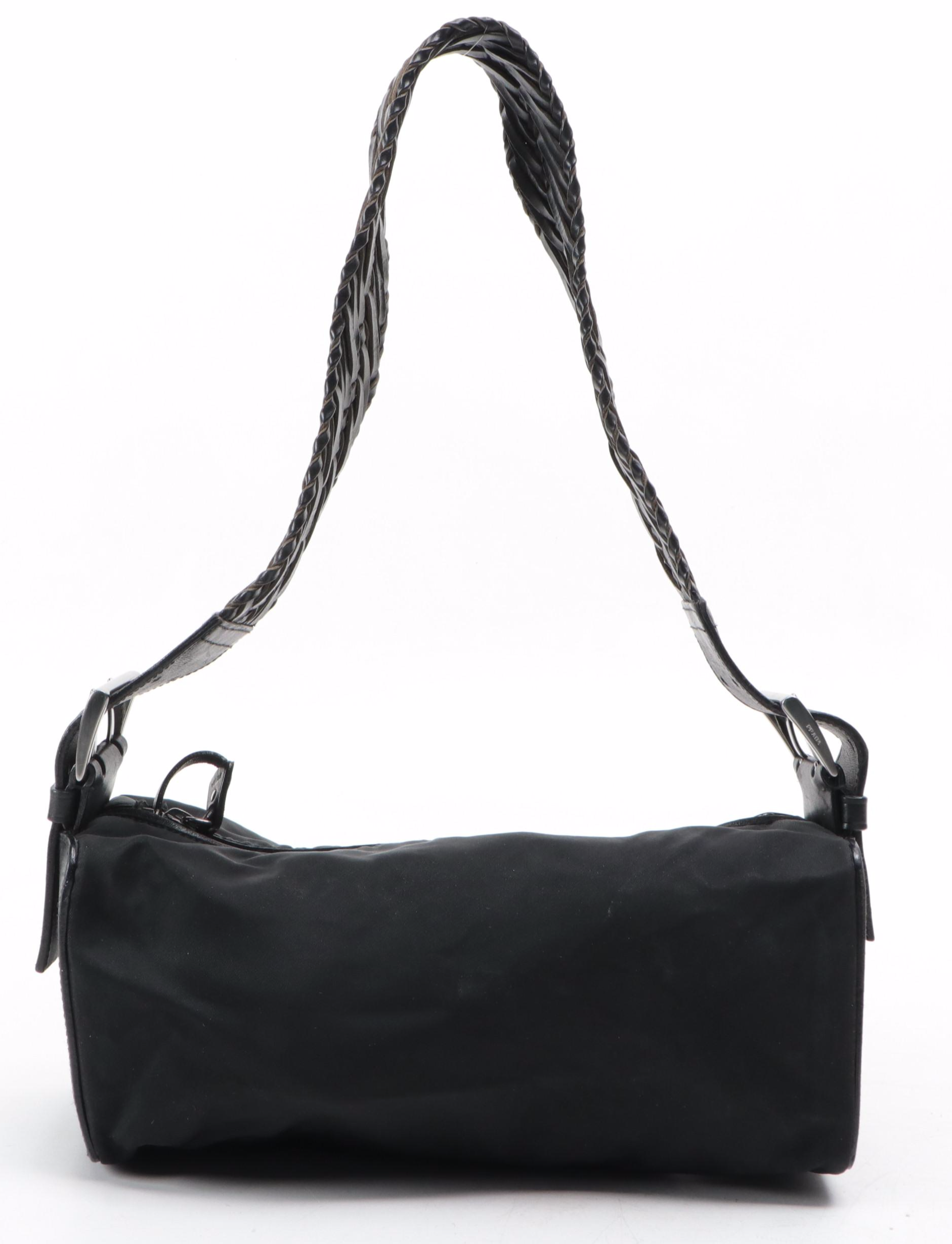 Prada Shoulder Bag in Black Nylon Tessuto and Leather with Braided Strap