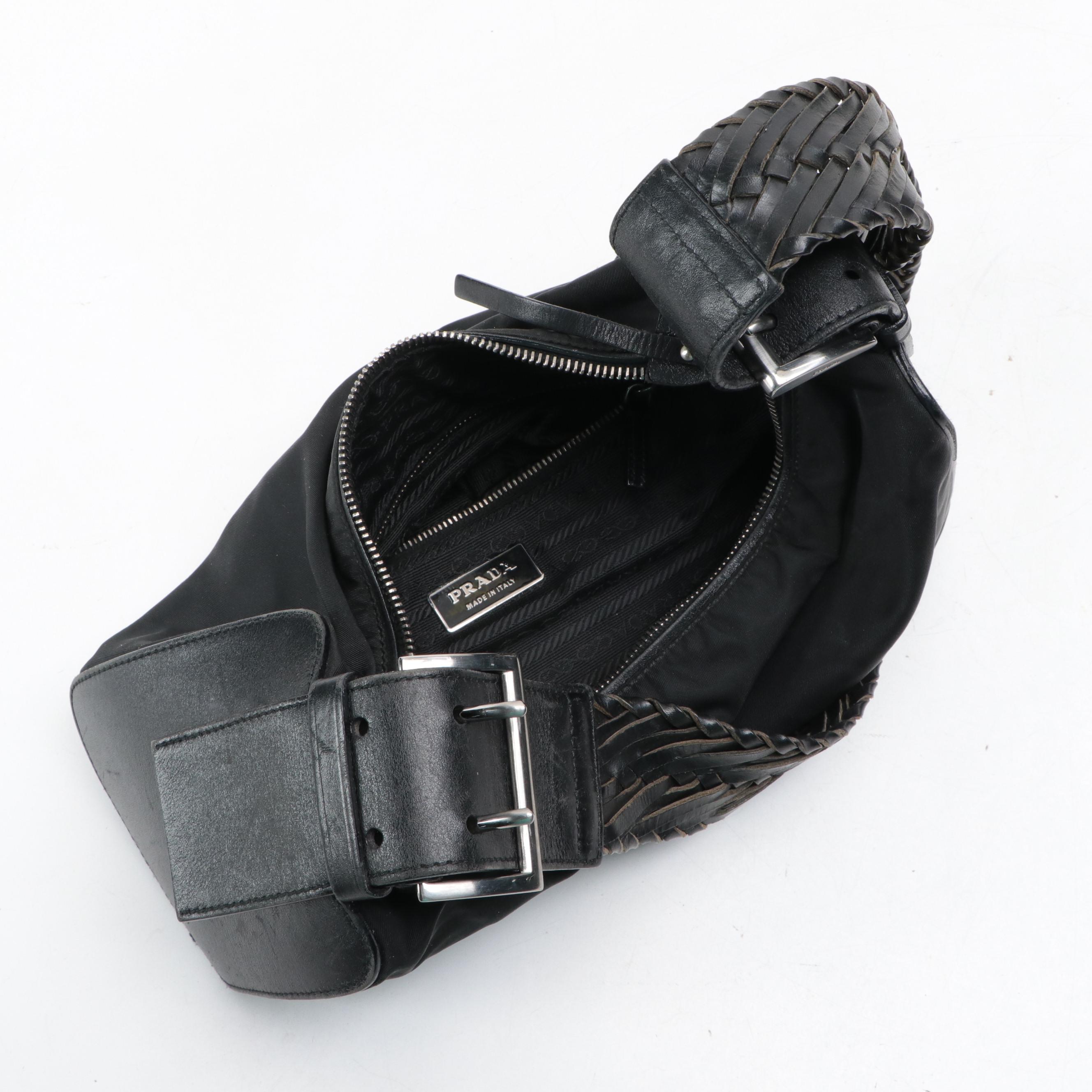 Prada Shoulder Bag in Black Nylon Tessuto and Leather with Braided Strap