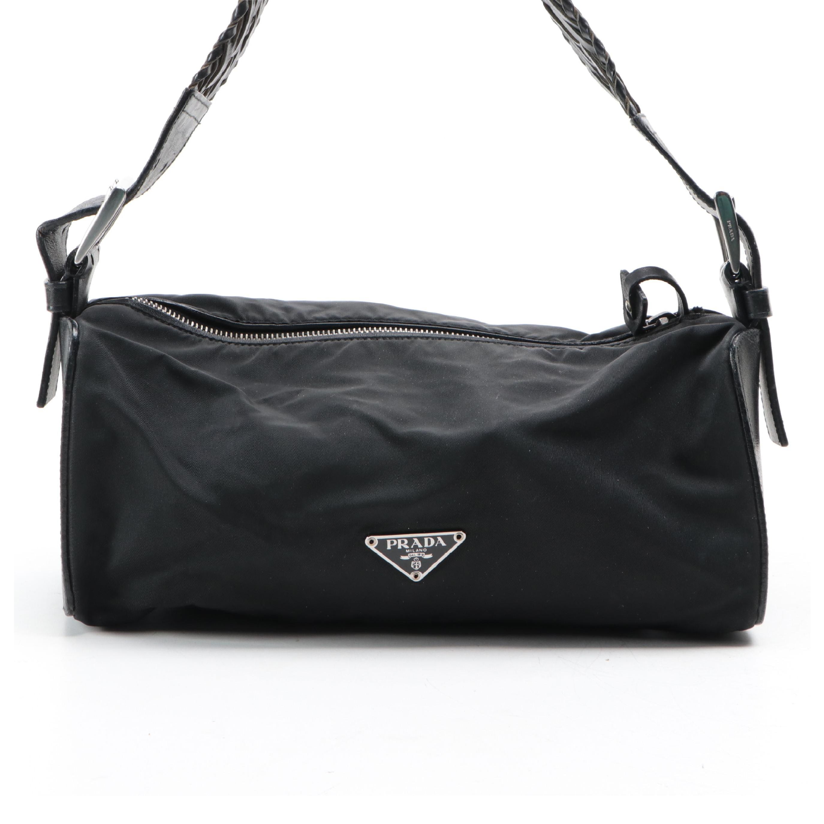 Prada Shoulder Bag in Black Nylon Tessuto and Leather with Braided Strap