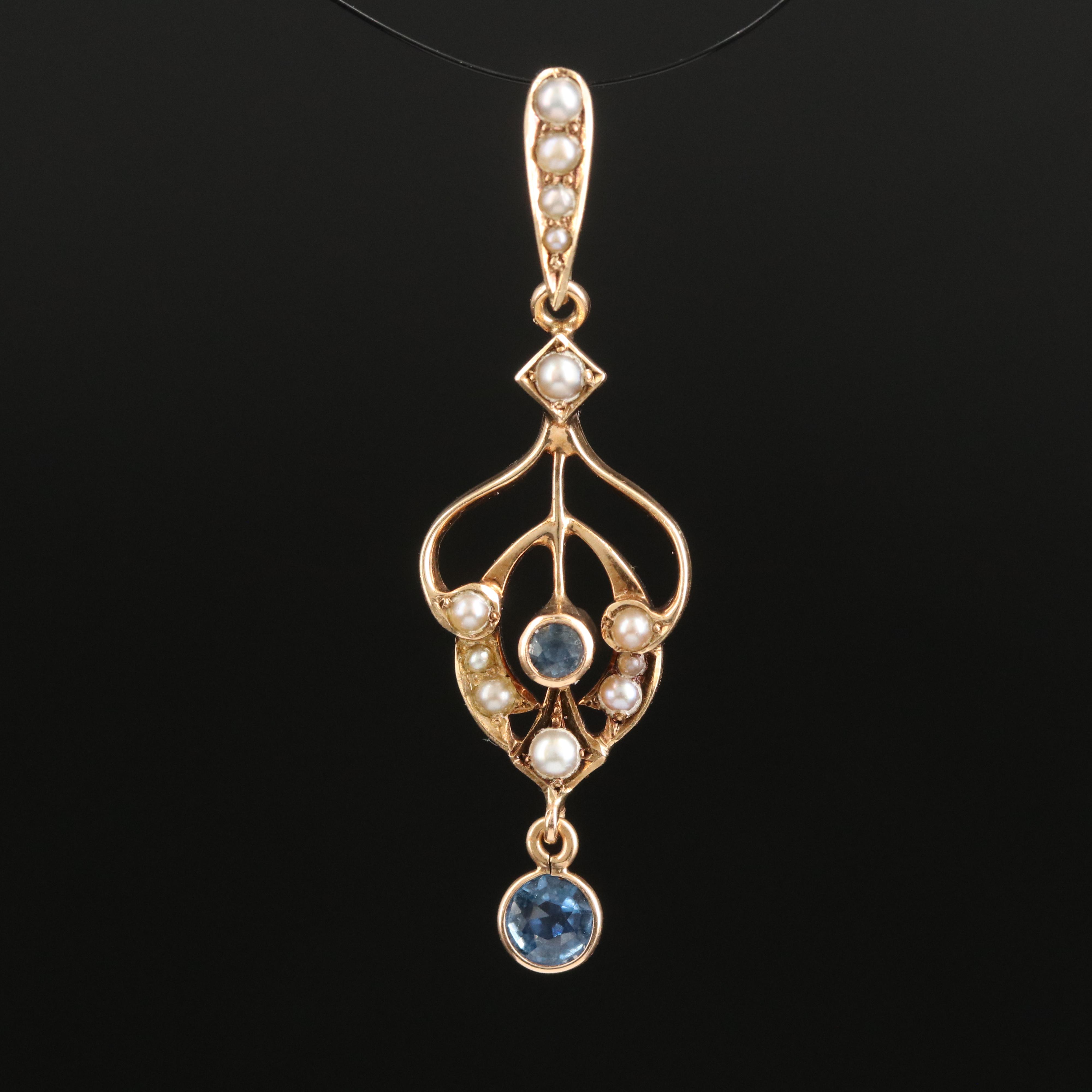 Art Nouveau 14K Sapphire and Seed Pearl Lavalier