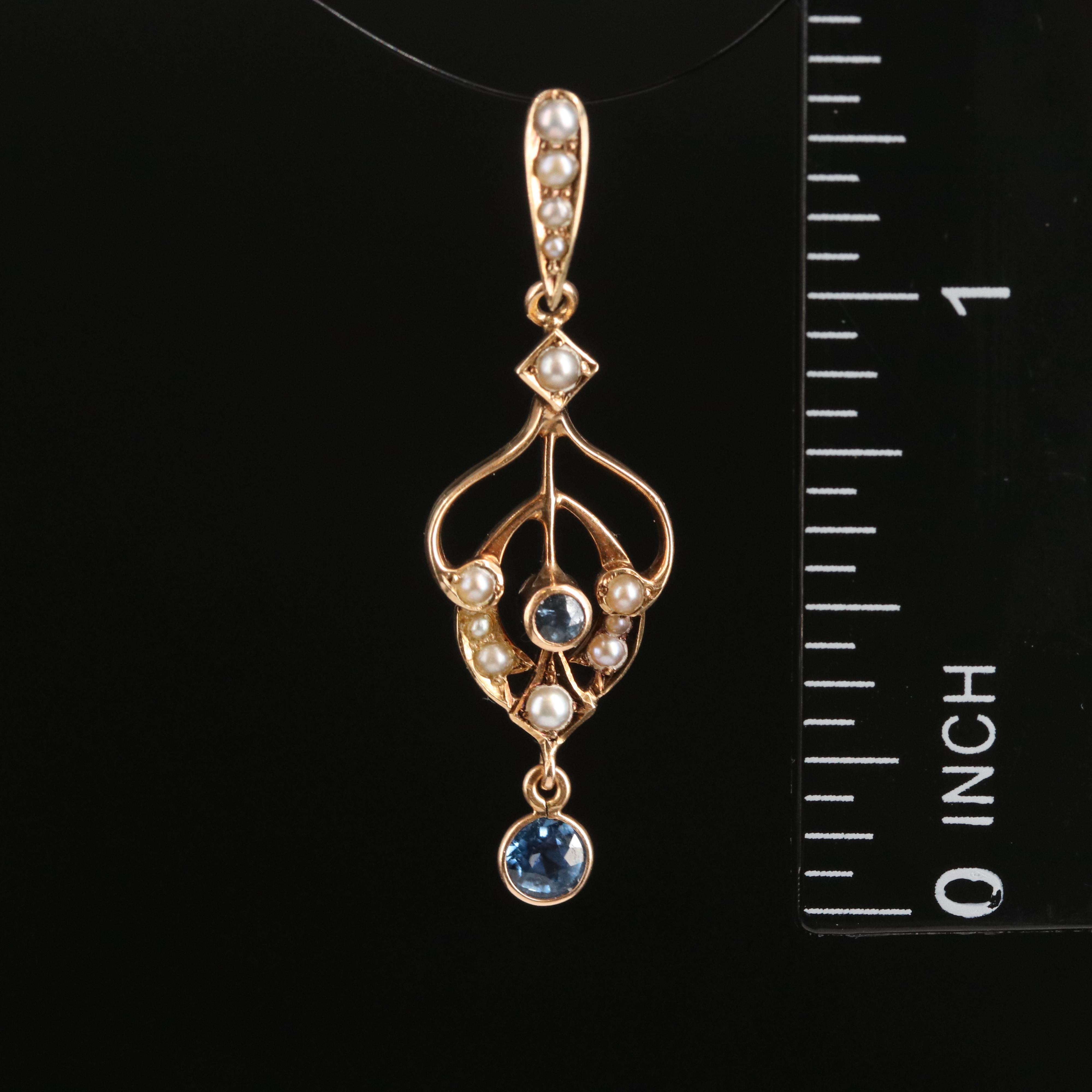 Art Nouveau 14K Sapphire and Seed Pearl Lavalier