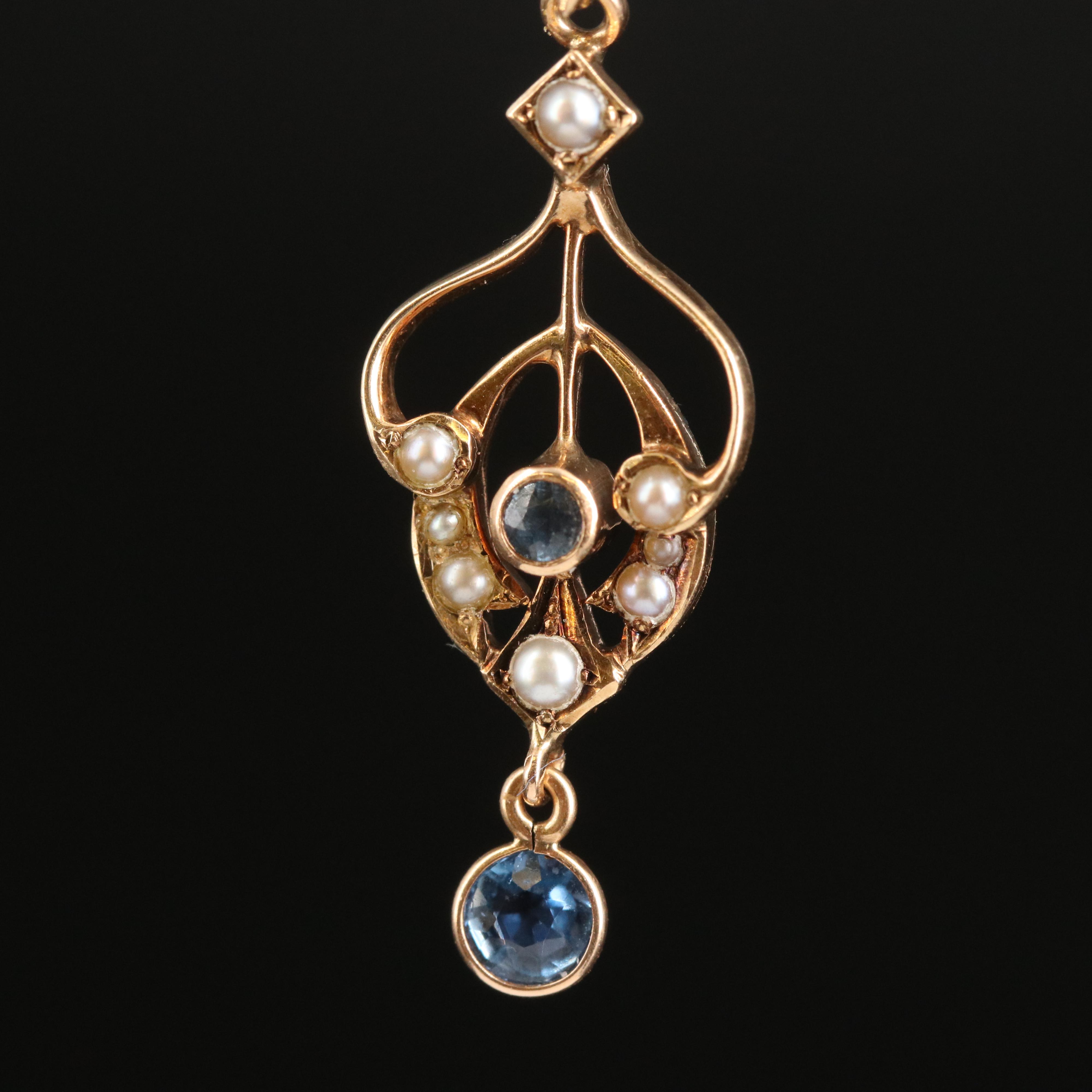 Art Nouveau 14K Sapphire and Seed Pearl Lavalier