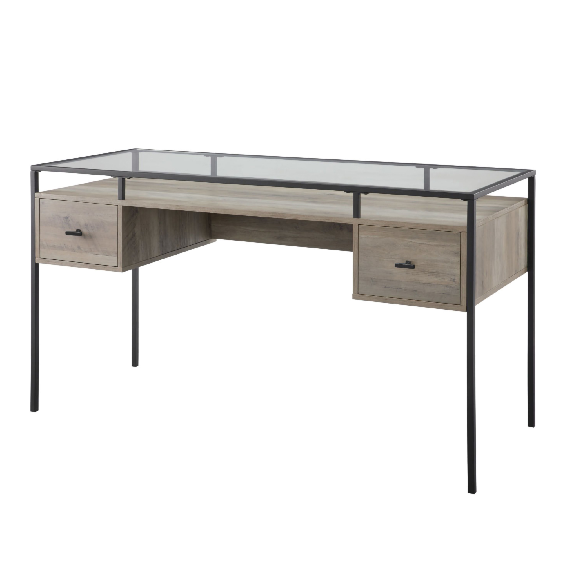 Walker Edison 56" Two-Drawer Glass Top Desk in Grey Wash
