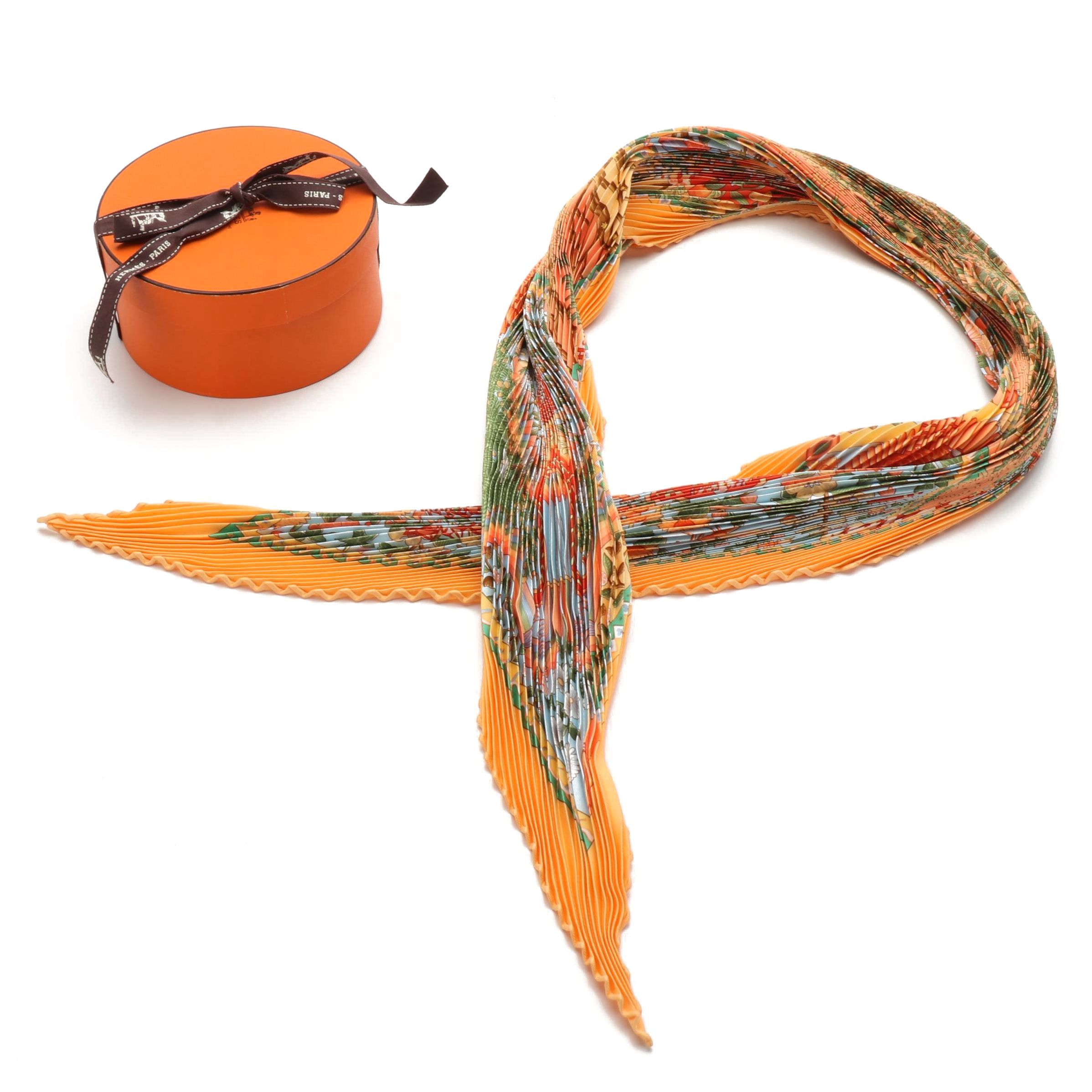 Hermès "Axis Mundi" Plissé Silk Twill Scarf with Box