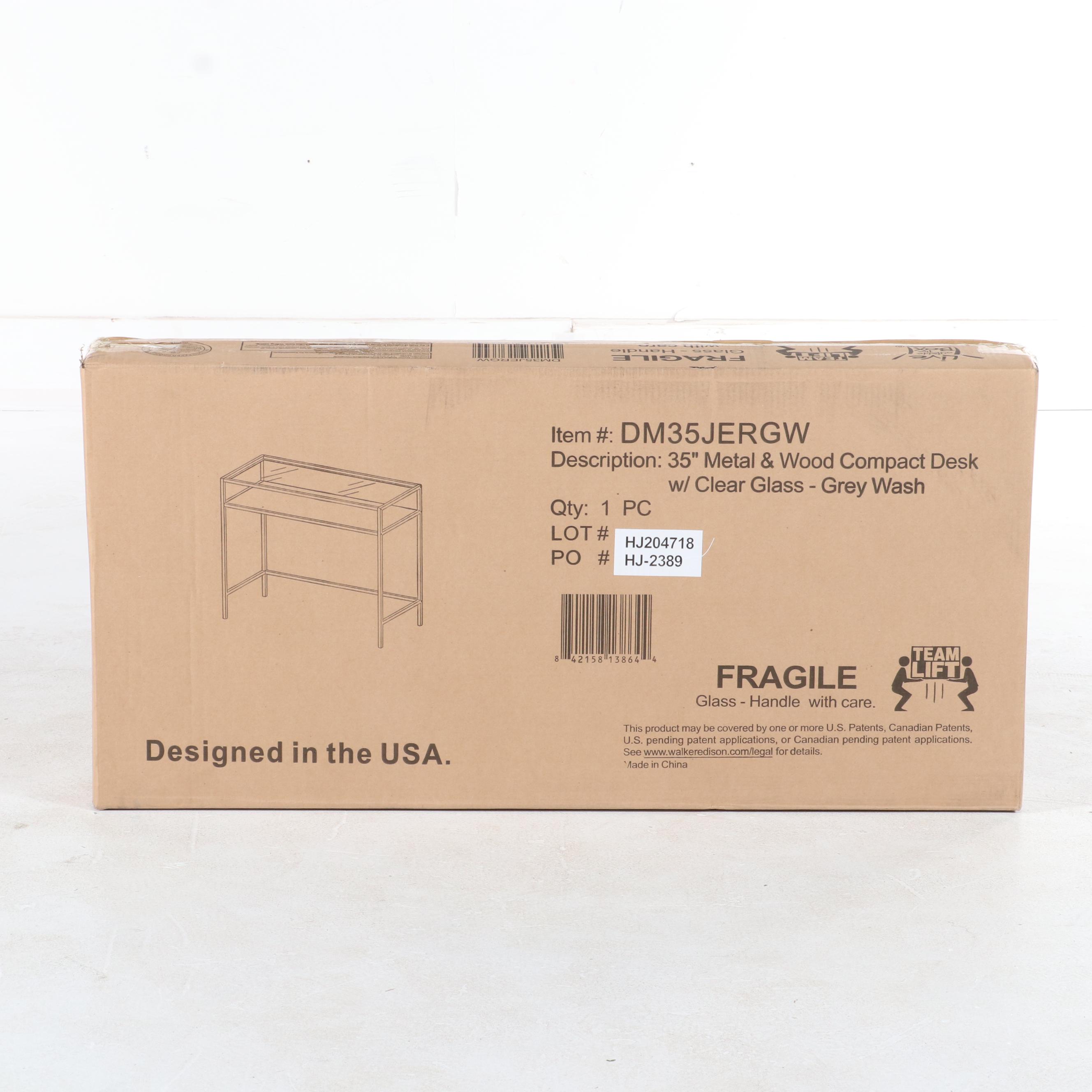 Walker Edison 35" Industrial Glass Top Computer Desk in Grey Wash