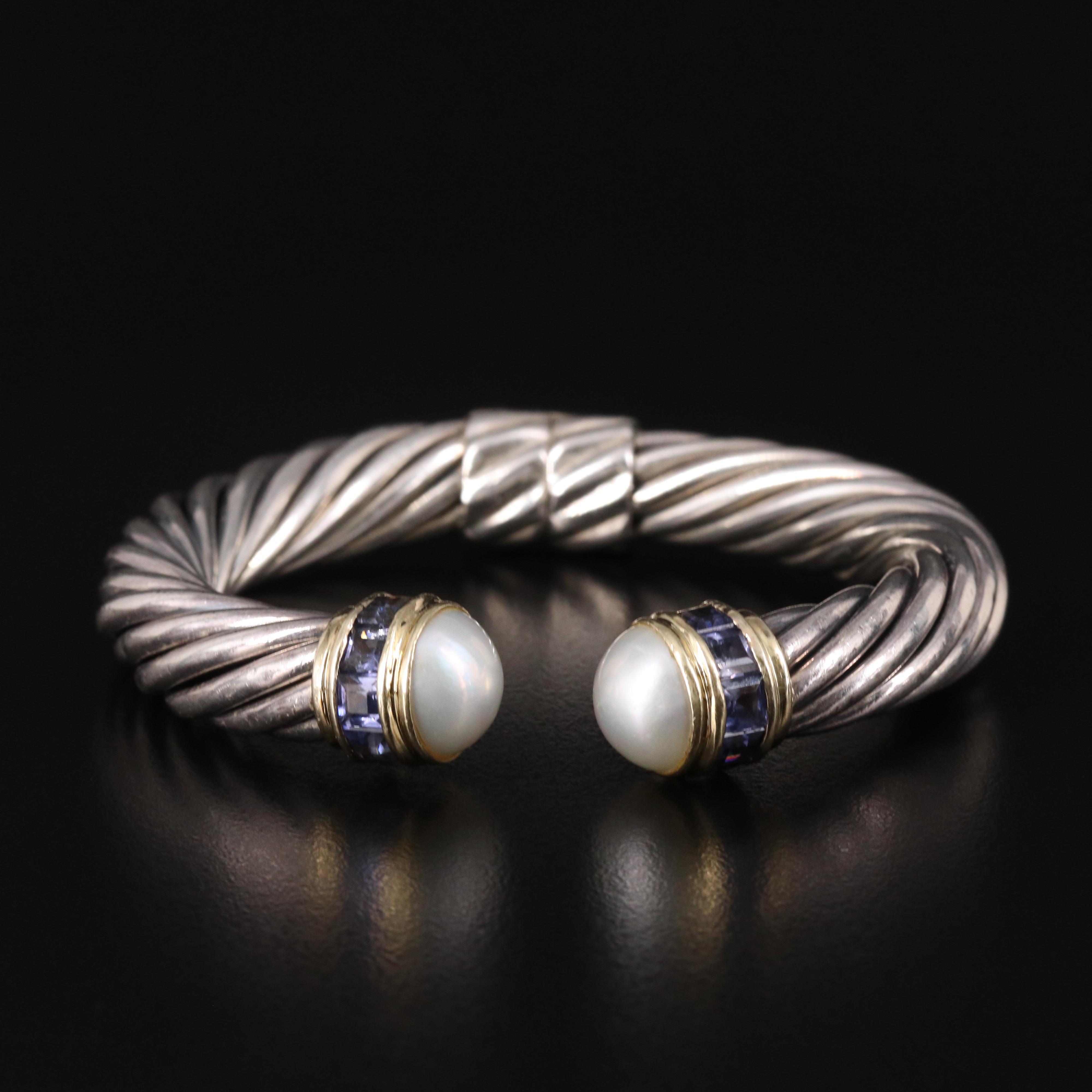 David Yurman "Cable Classic" Pearl and Iolite Hinged Cuff with 14K Accent