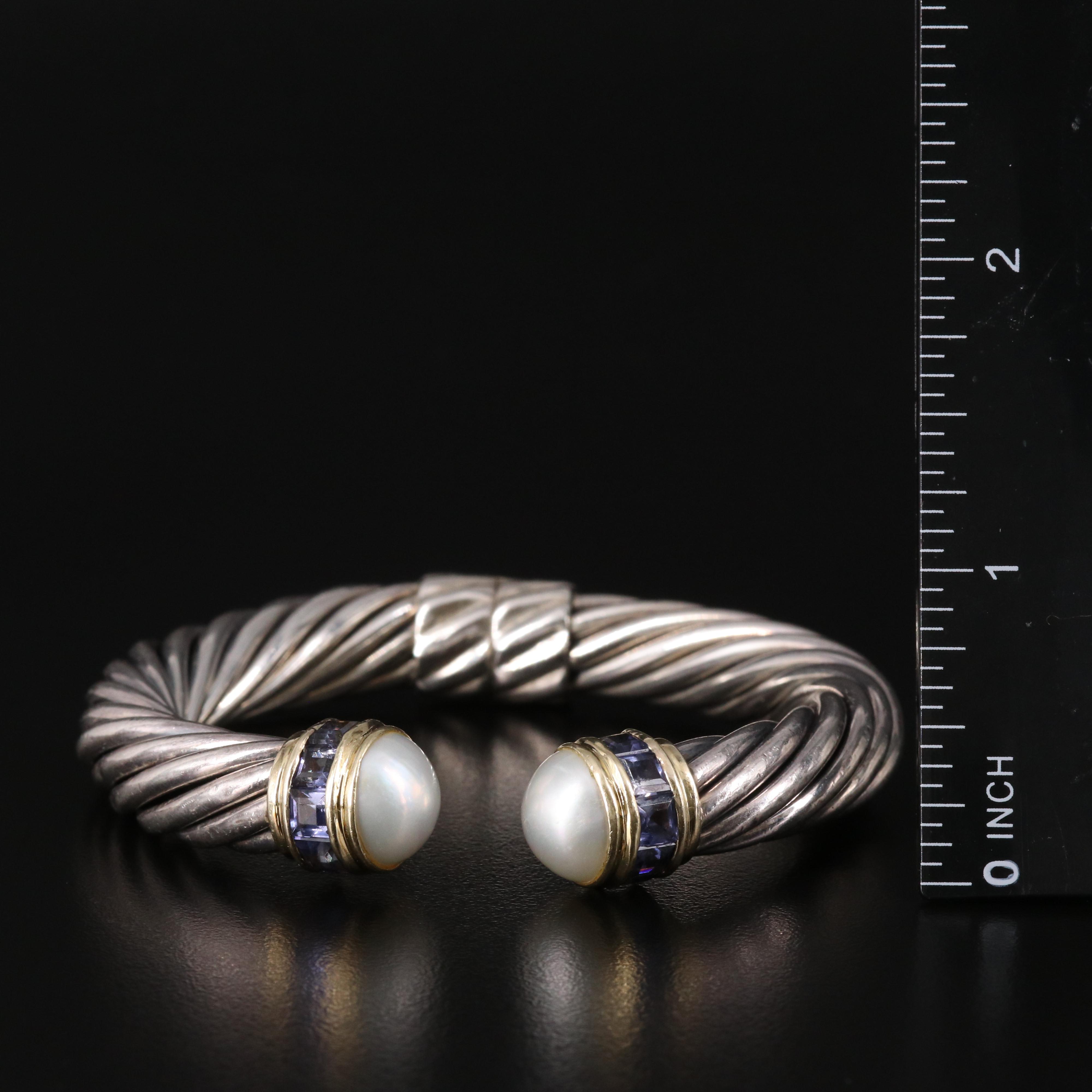 David Yurman "Cable Classic" Pearl and Iolite Hinged Cuff with 14K Accent