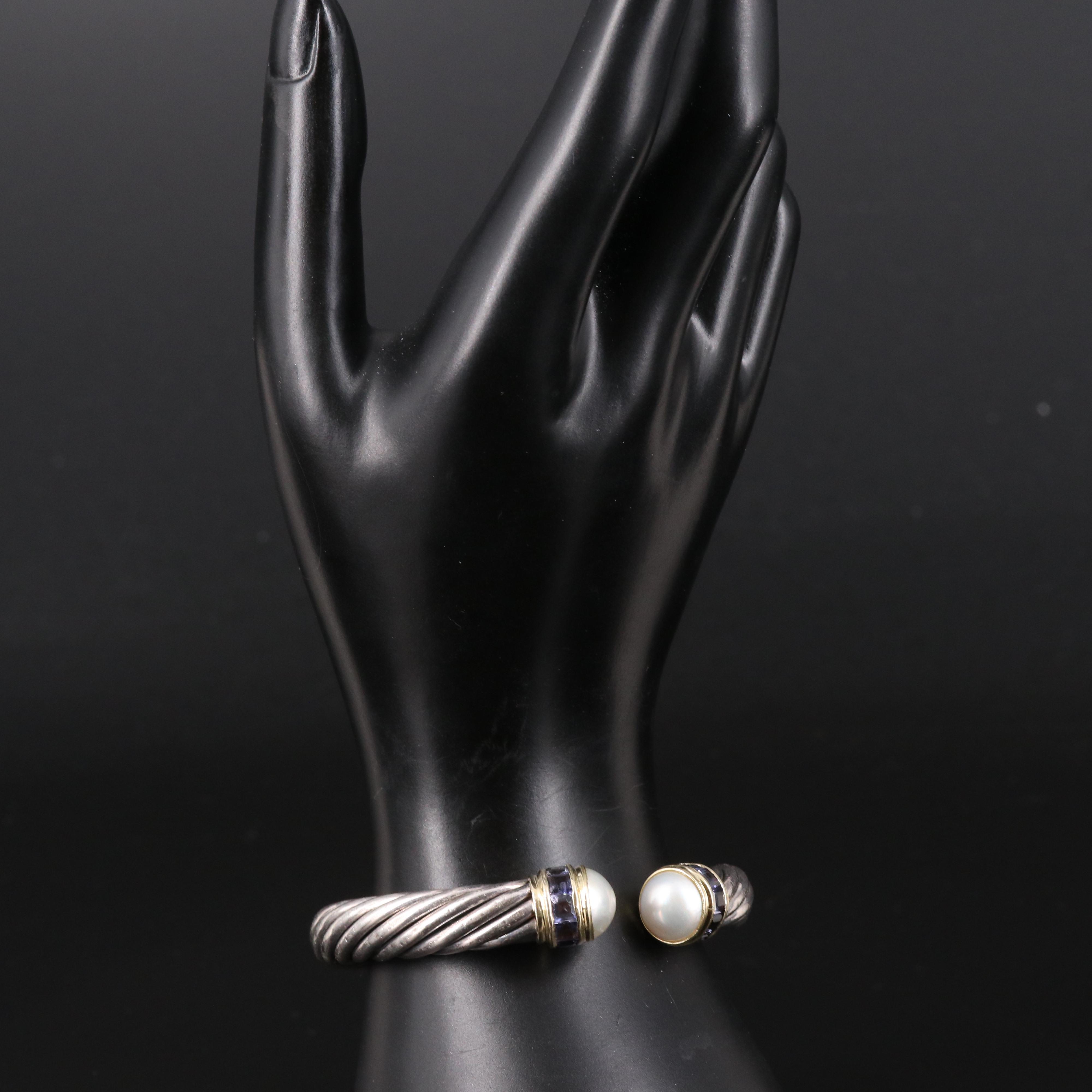 David Yurman "Cable Classic" Pearl and Iolite Hinged Cuff with 14K Accent