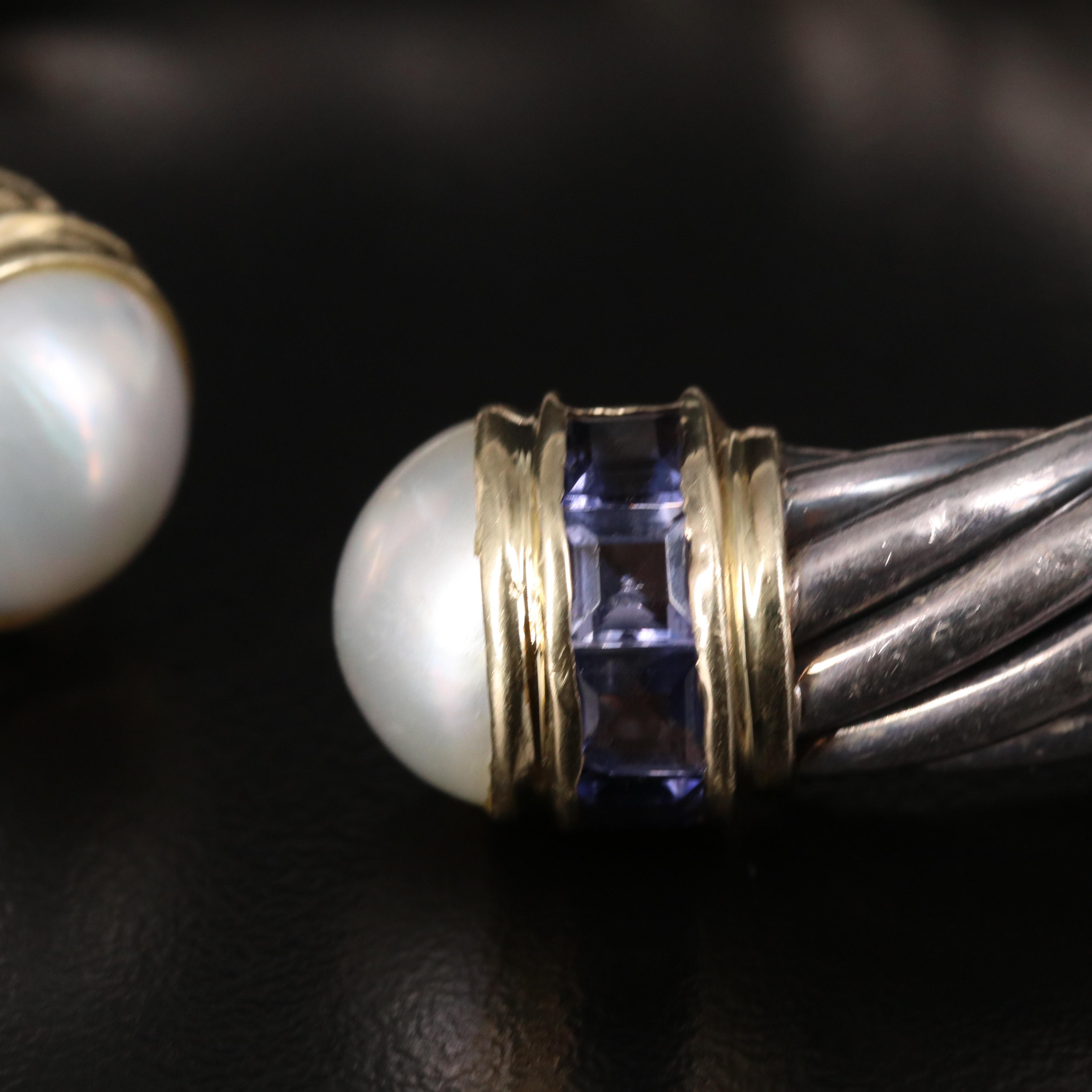 David Yurman "Cable Classic" Pearl and Iolite Hinged Cuff with 14K Accent