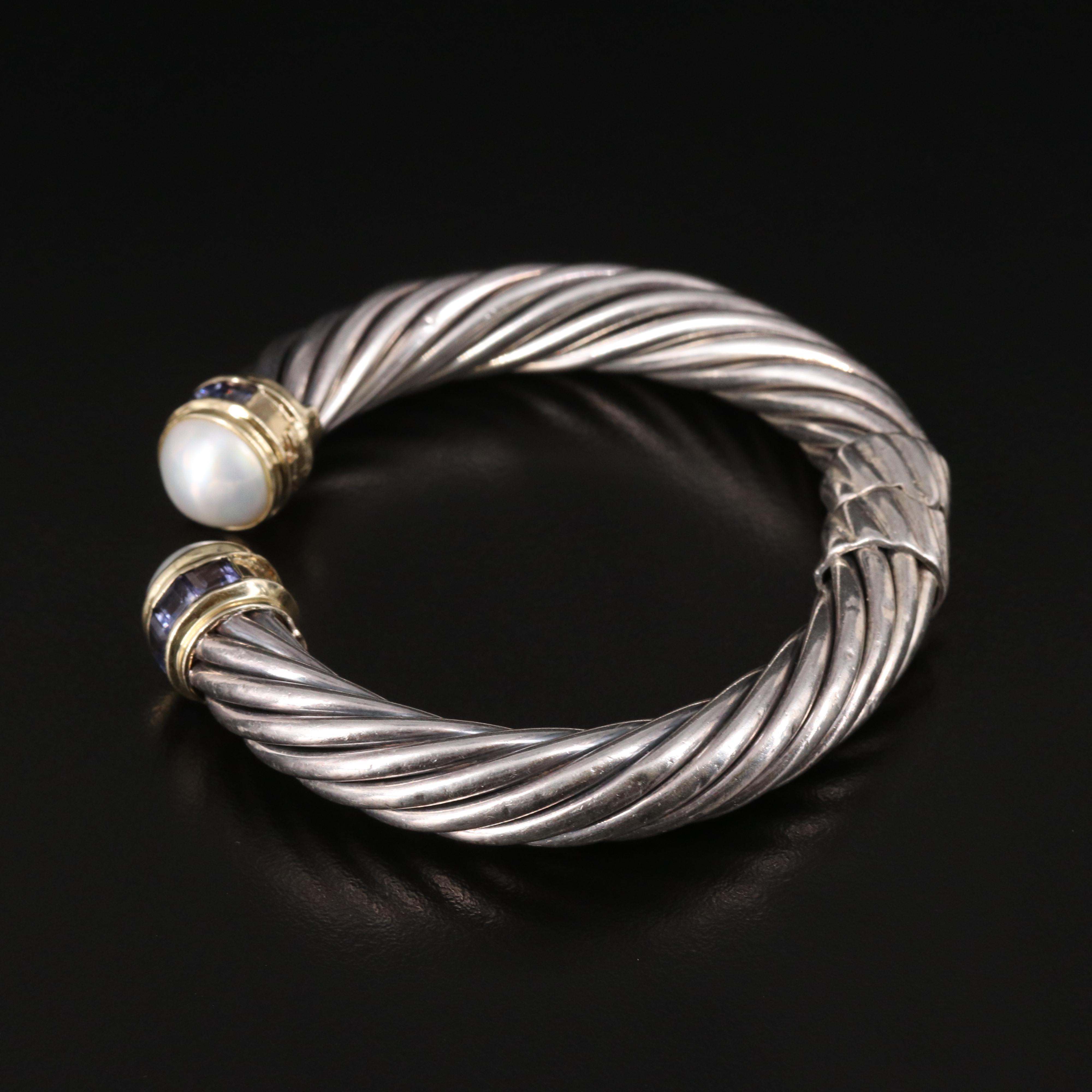 David Yurman "Cable Classic" Pearl and Iolite Hinged Cuff with 14K Accent