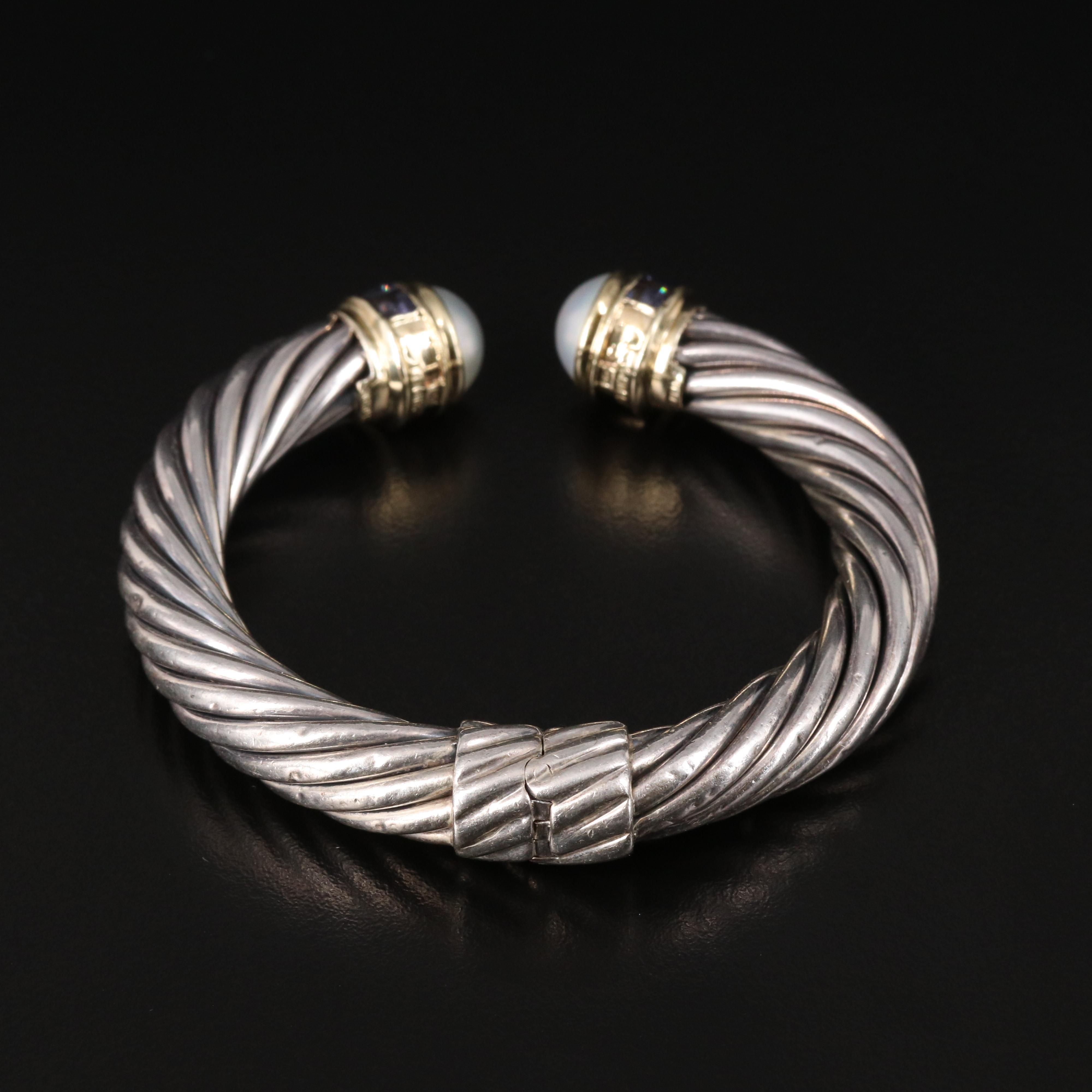 David Yurman "Cable Classic" Pearl and Iolite Hinged Cuff with 14K Accent