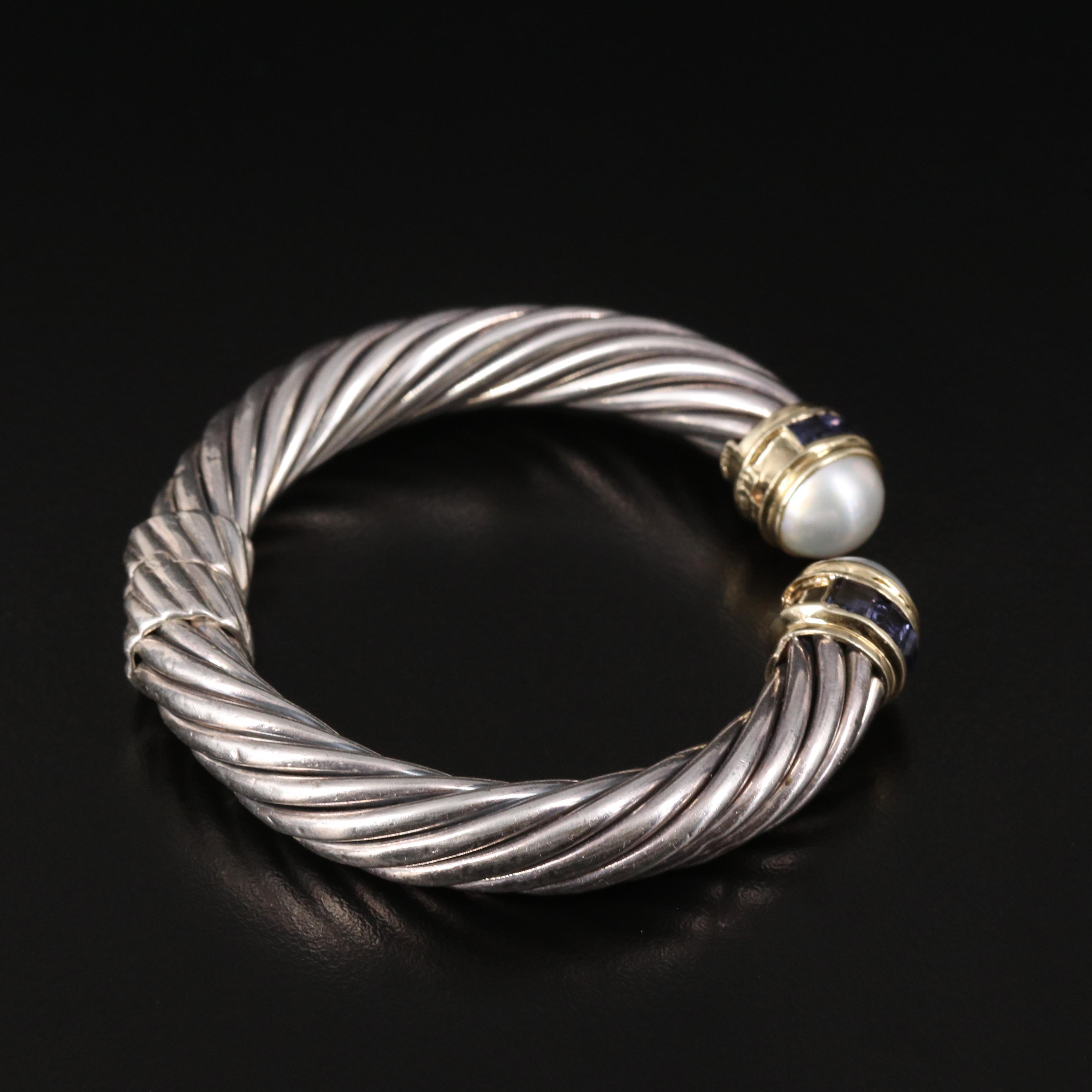 David Yurman "Cable Classic" Pearl and Iolite Hinged Cuff with 14K Accent