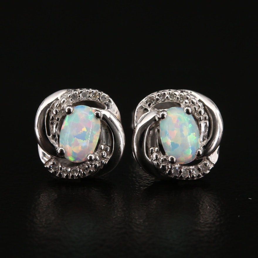 Sterling Opal and Diamond Stud Earrings