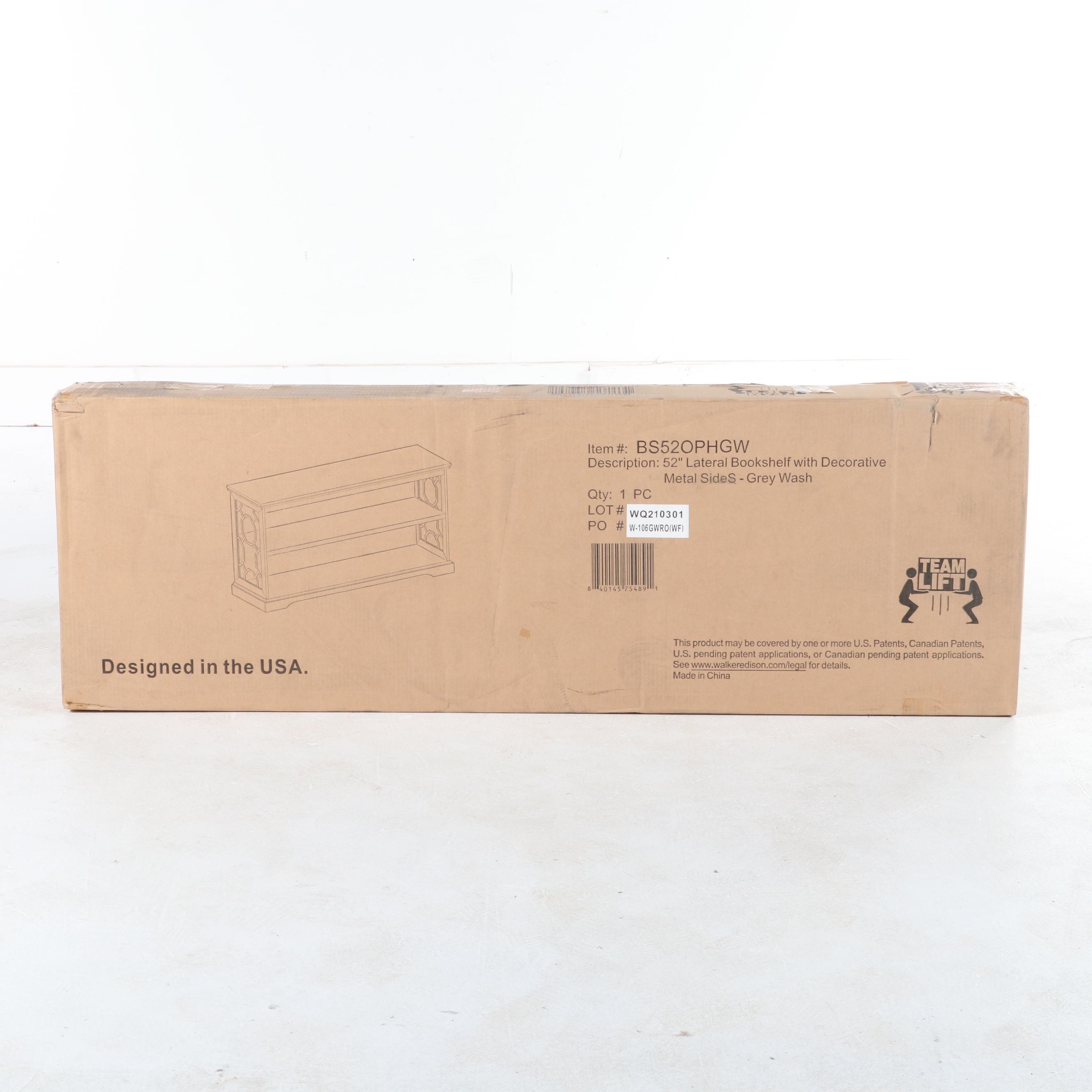 Walker Edison Ophelia Lateral Bookshelf with Decorative Metal Sides in Grey Wash