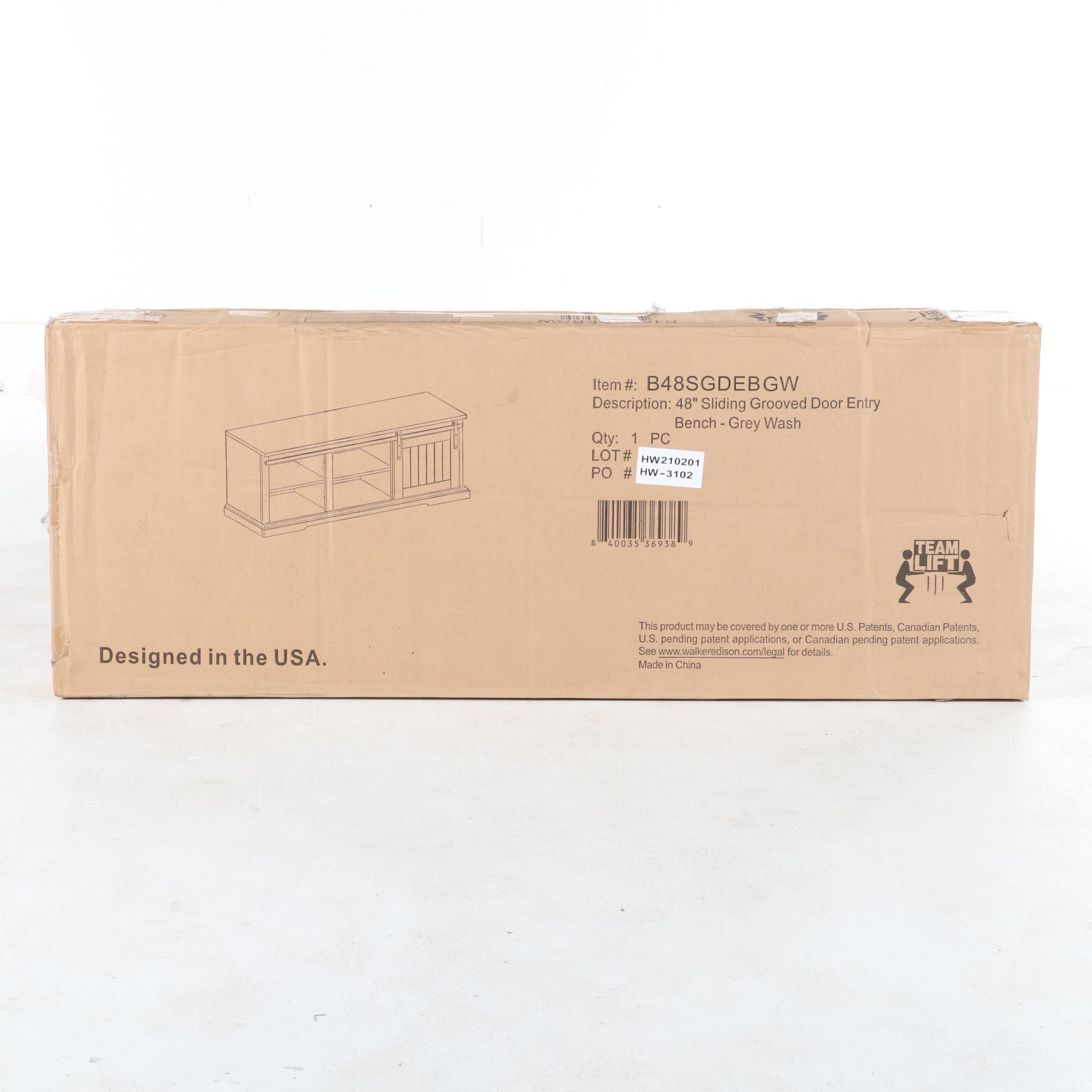 Walker Edison 48" Sliding Door Entry Bench with Storage in Grey Wash