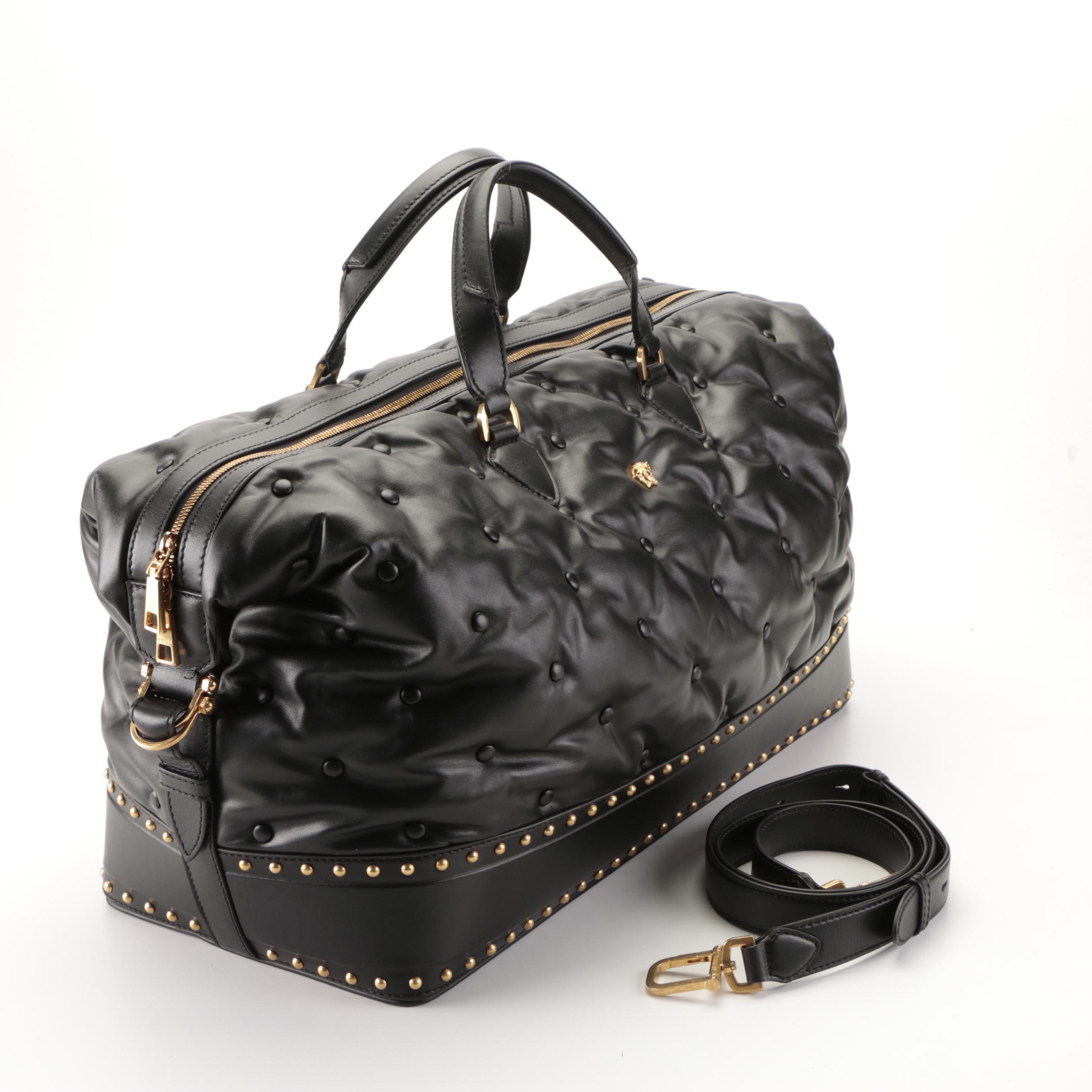 Versace Large Duffle Bag in Studded/Padded Black Leather with Detachable Strap