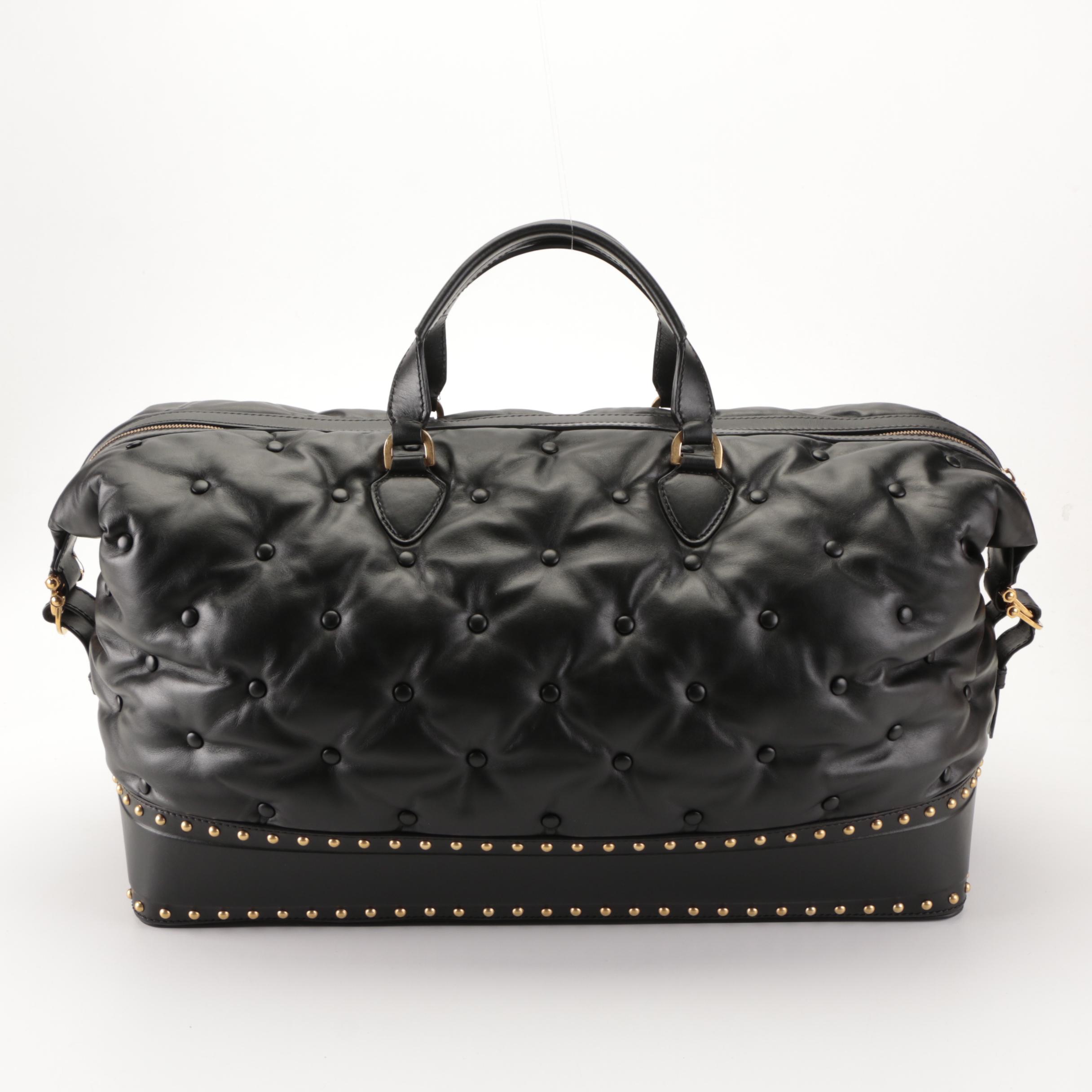 Versace Large Duffle Bag in Studded/Padded Black Leather with Detachable Strap