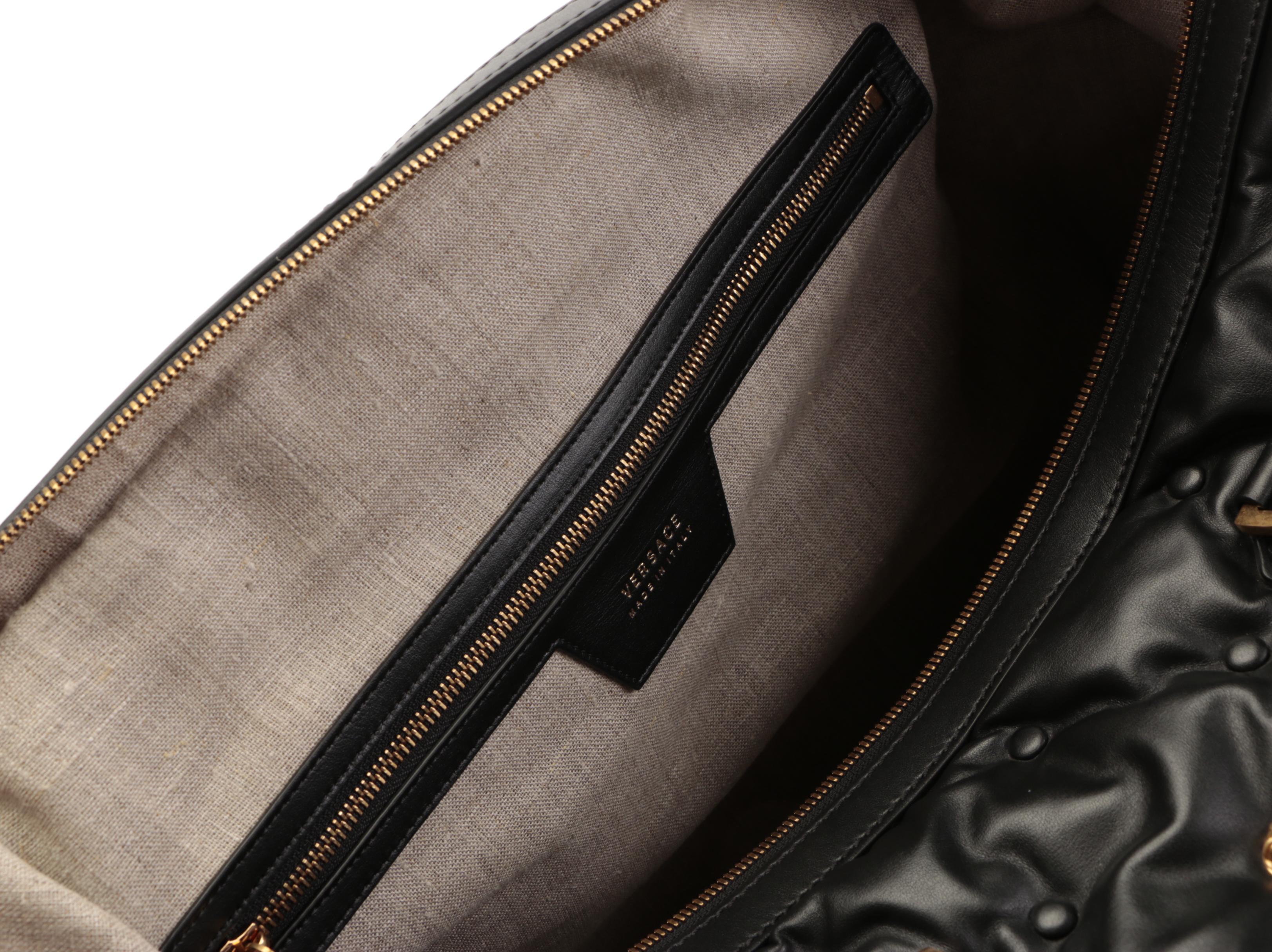 Versace Large Duffle Bag in Studded/Padded Black Leather with Detachable Strap