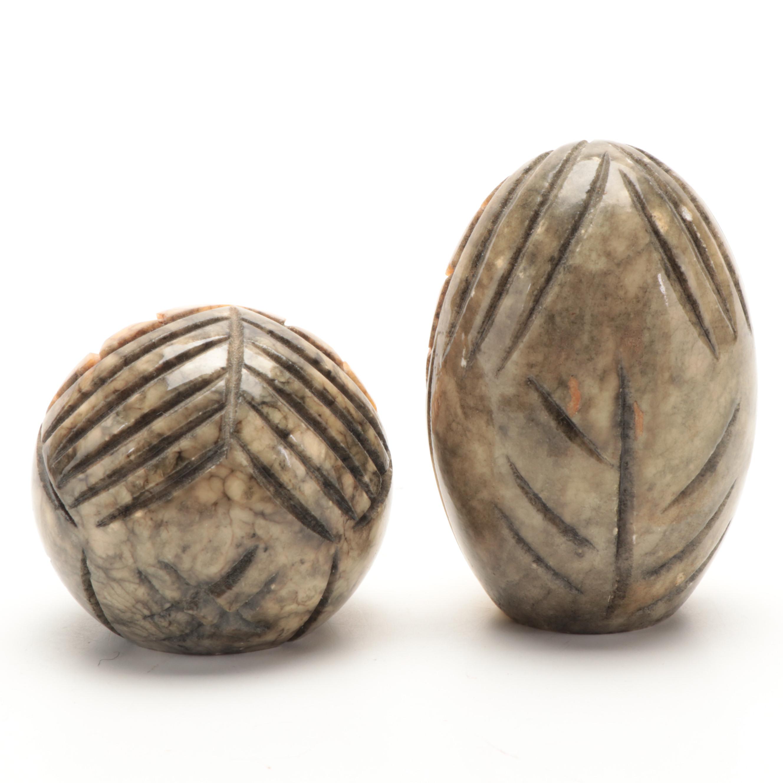 Italian Carved Alabaster Owl Figures with Other Alabaster Sphere and Agate Bowl