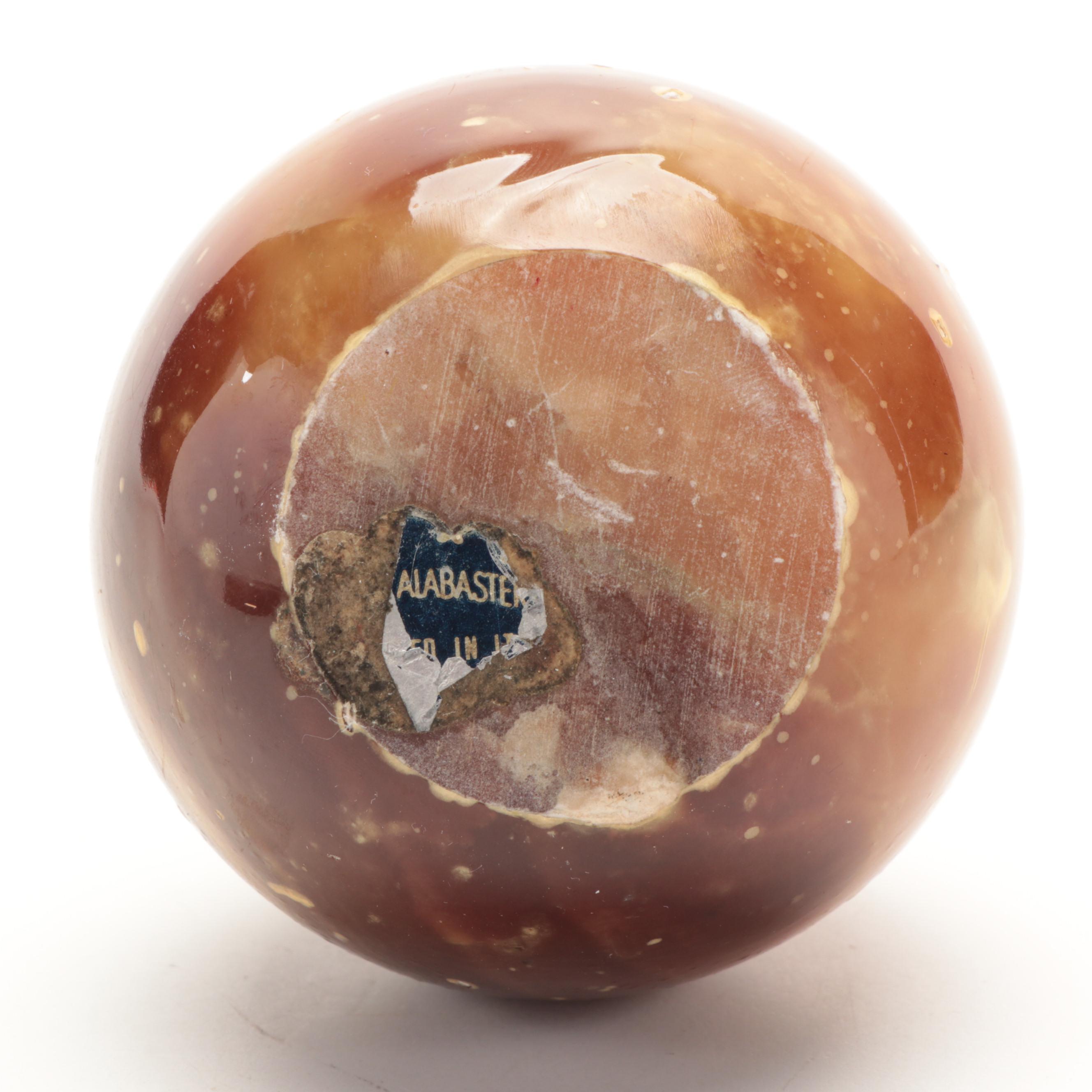 Italian Carved Alabaster Owl Figures with Other Alabaster Sphere and Agate Bowl