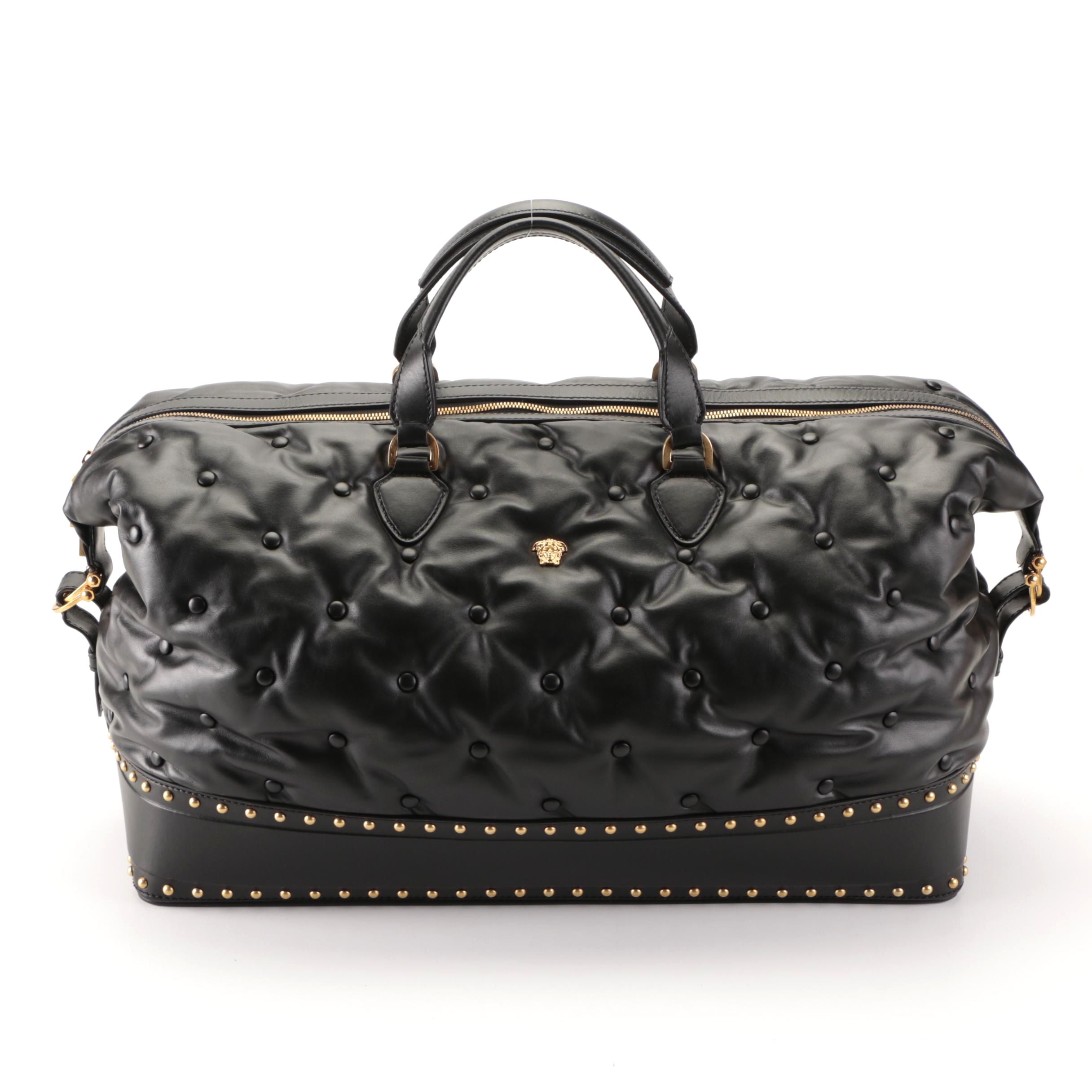 Versace Large Duffle Bag in Studded/Padded Black Leather with Detachable Strap