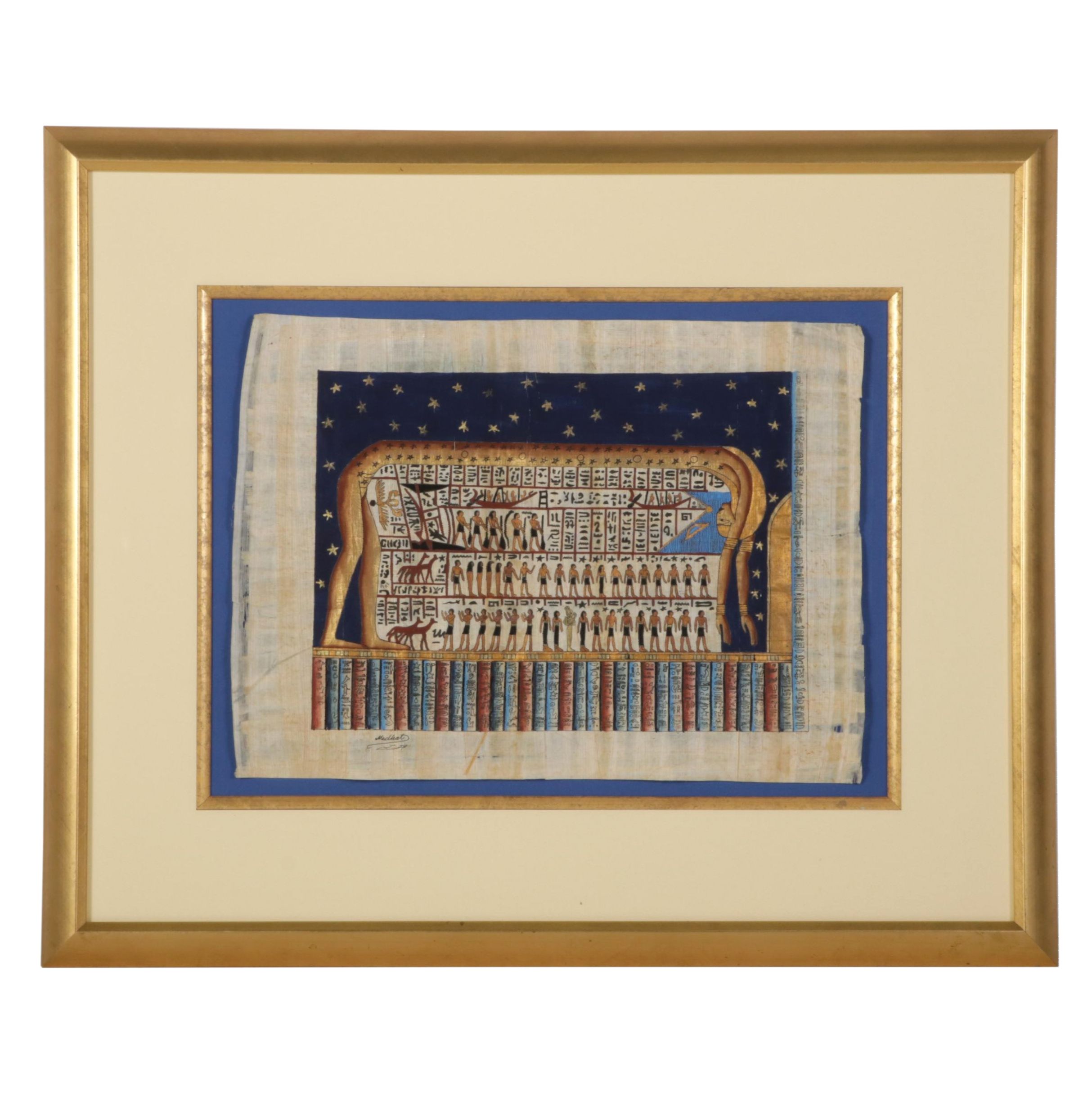 Ancient Egyptian Inspired Gouache and Ink Painting of Sky Goddess Nut