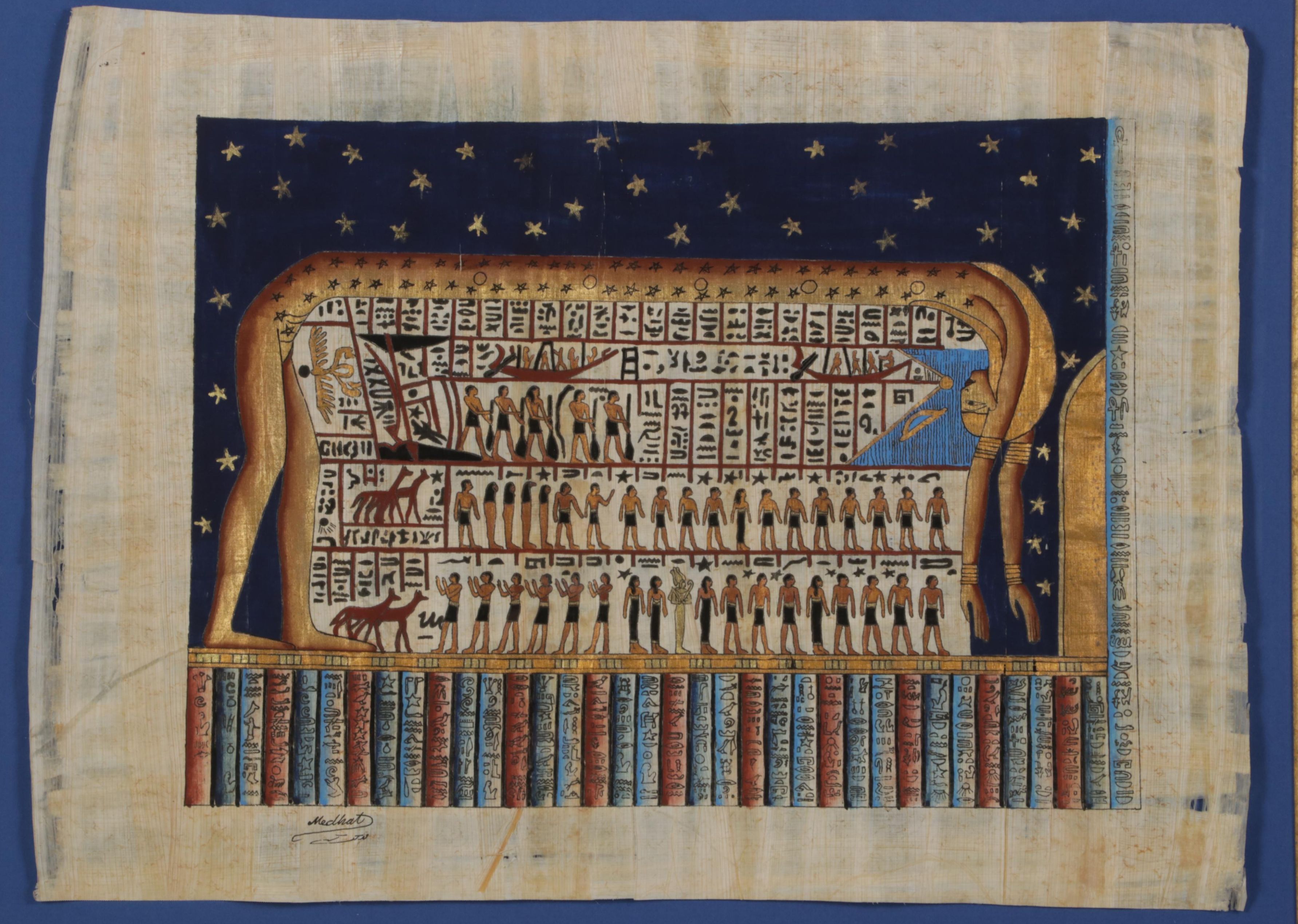 Ancient Egyptian Inspired Gouache and Ink Painting of Sky Goddess Nut