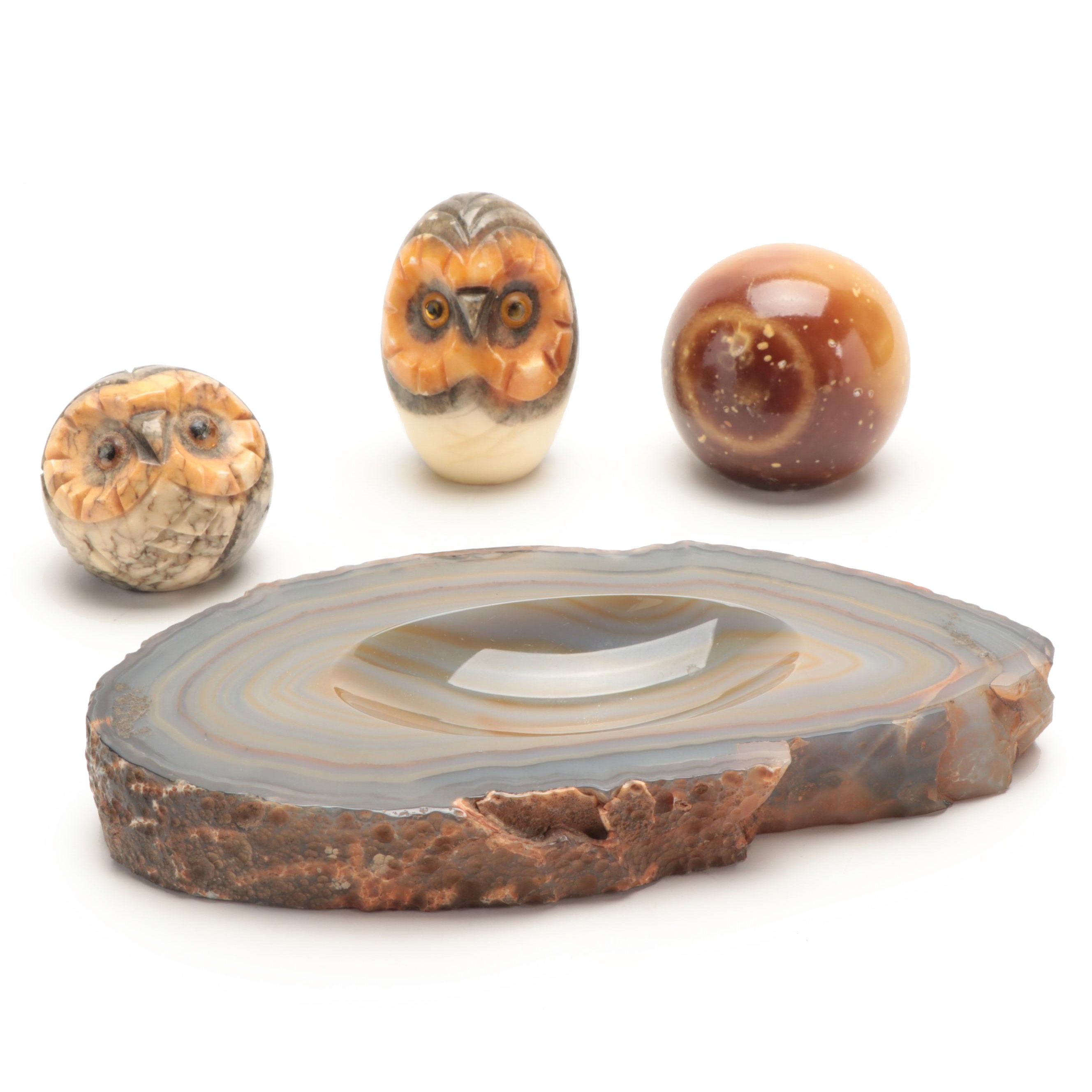 Italian Carved Alabaster Owl Figures with Other Alabaster Sphere and Agate Bowl