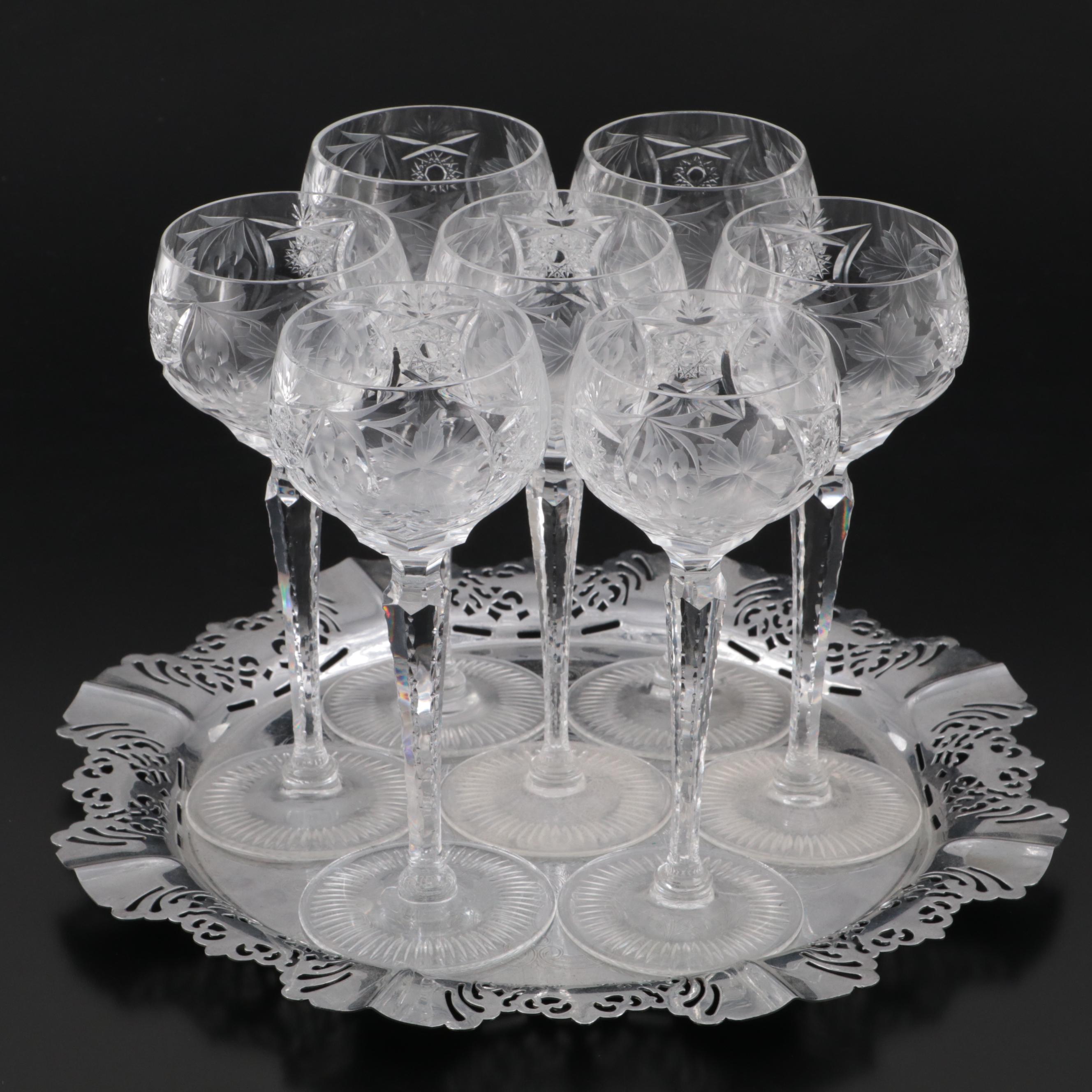Farber Bros. Krome Kraft Metal Tray with Fruit and Foliate Cut Crystal Glasses