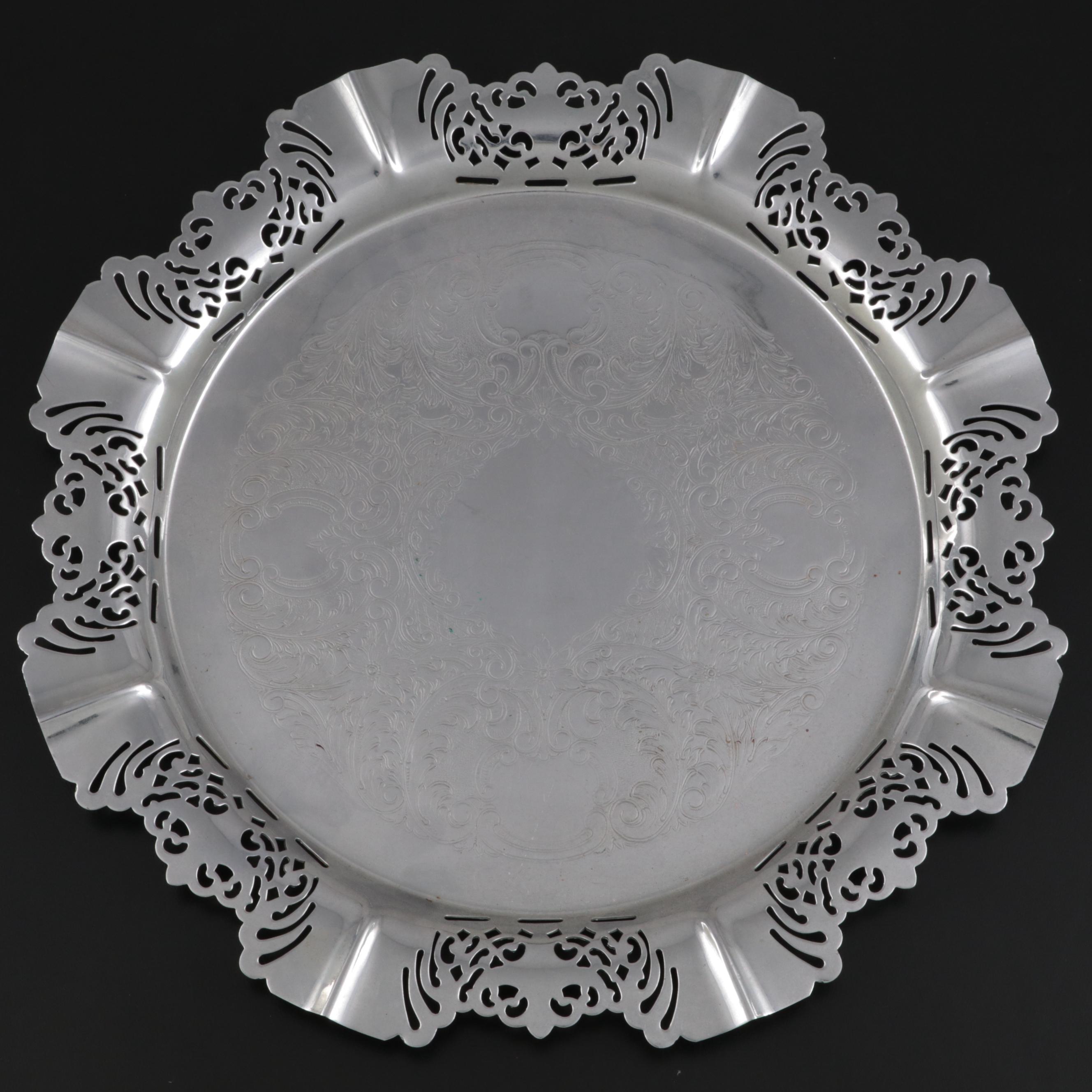 Farber Bros. Krome Kraft Metal Tray with Fruit and Foliate Cut Crystal Glasses