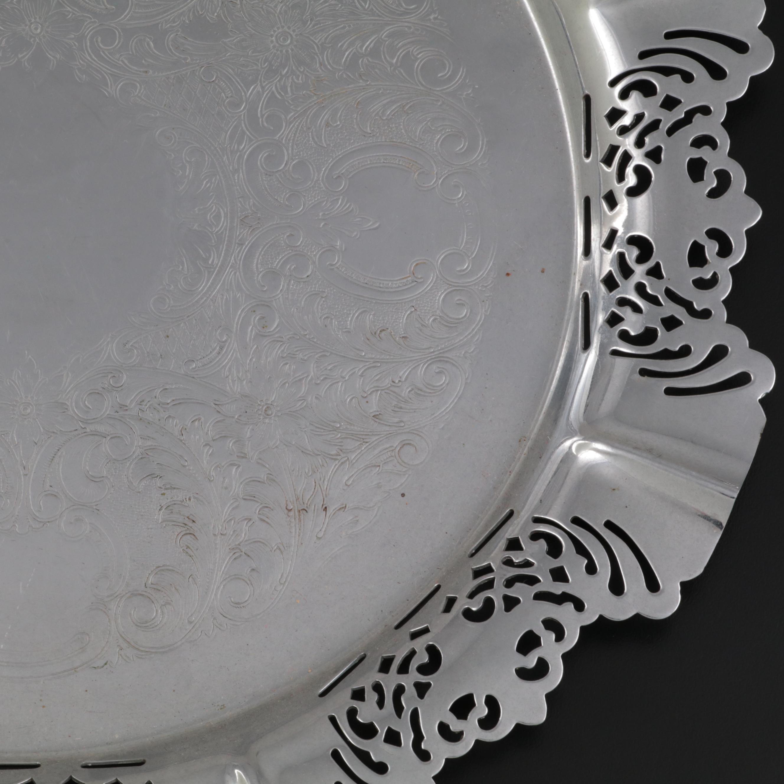 Farber Bros. Krome Kraft Metal Tray with Fruit and Foliate Cut Crystal Glasses