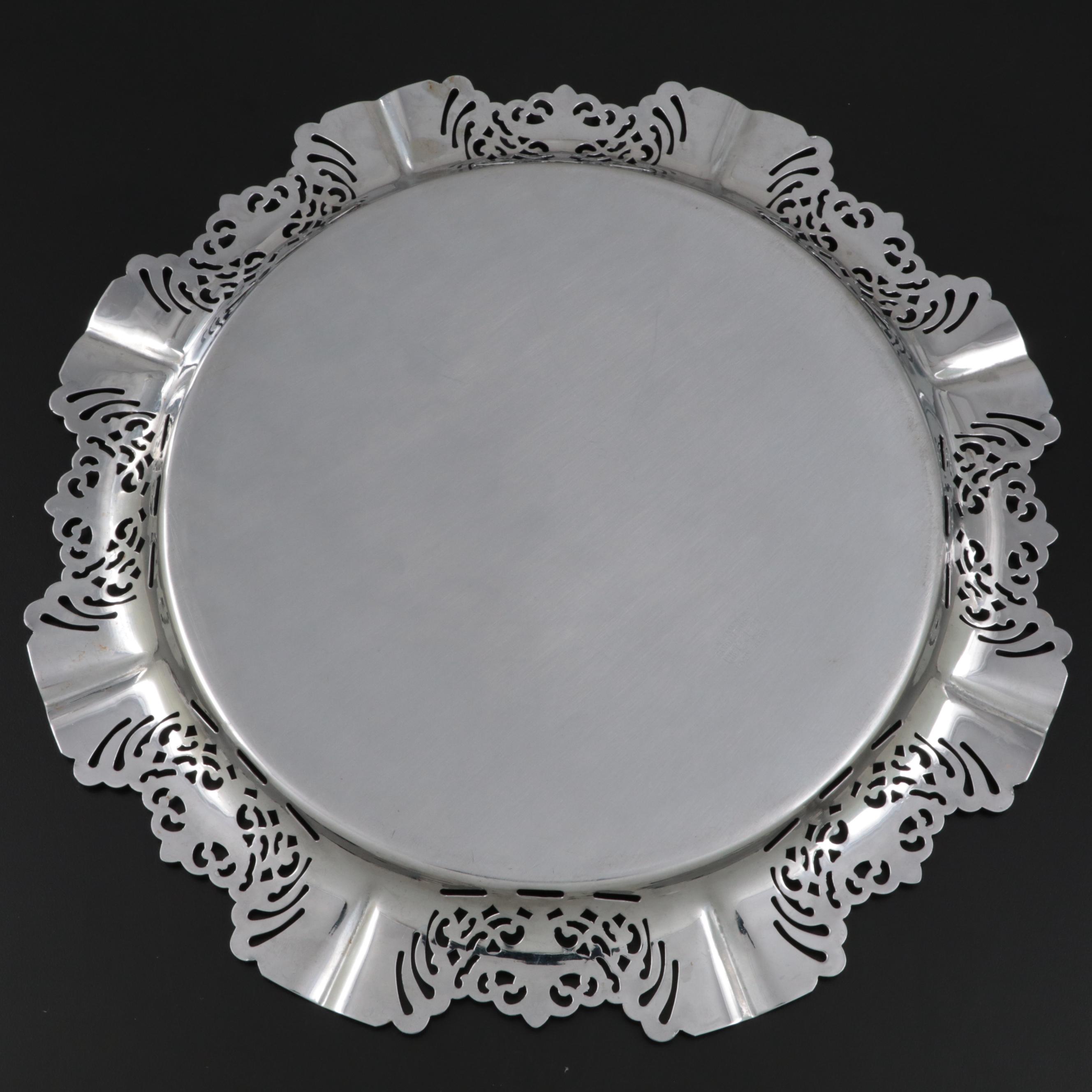 Farber Bros. Krome Kraft Metal Tray with Fruit and Foliate Cut Crystal Glasses