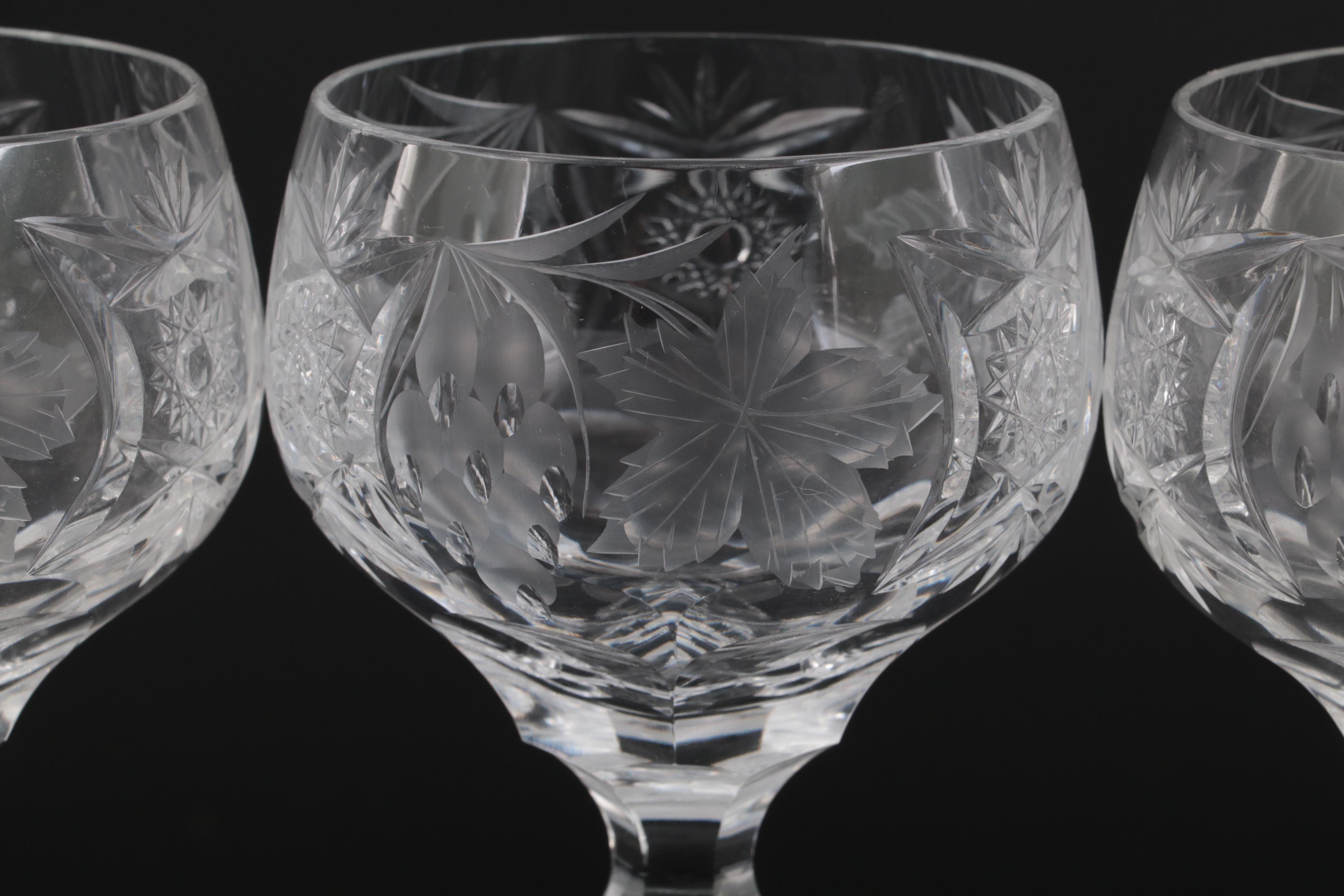 Farber Bros. Krome Kraft Metal Tray with Fruit and Foliate Cut Crystal Glasses