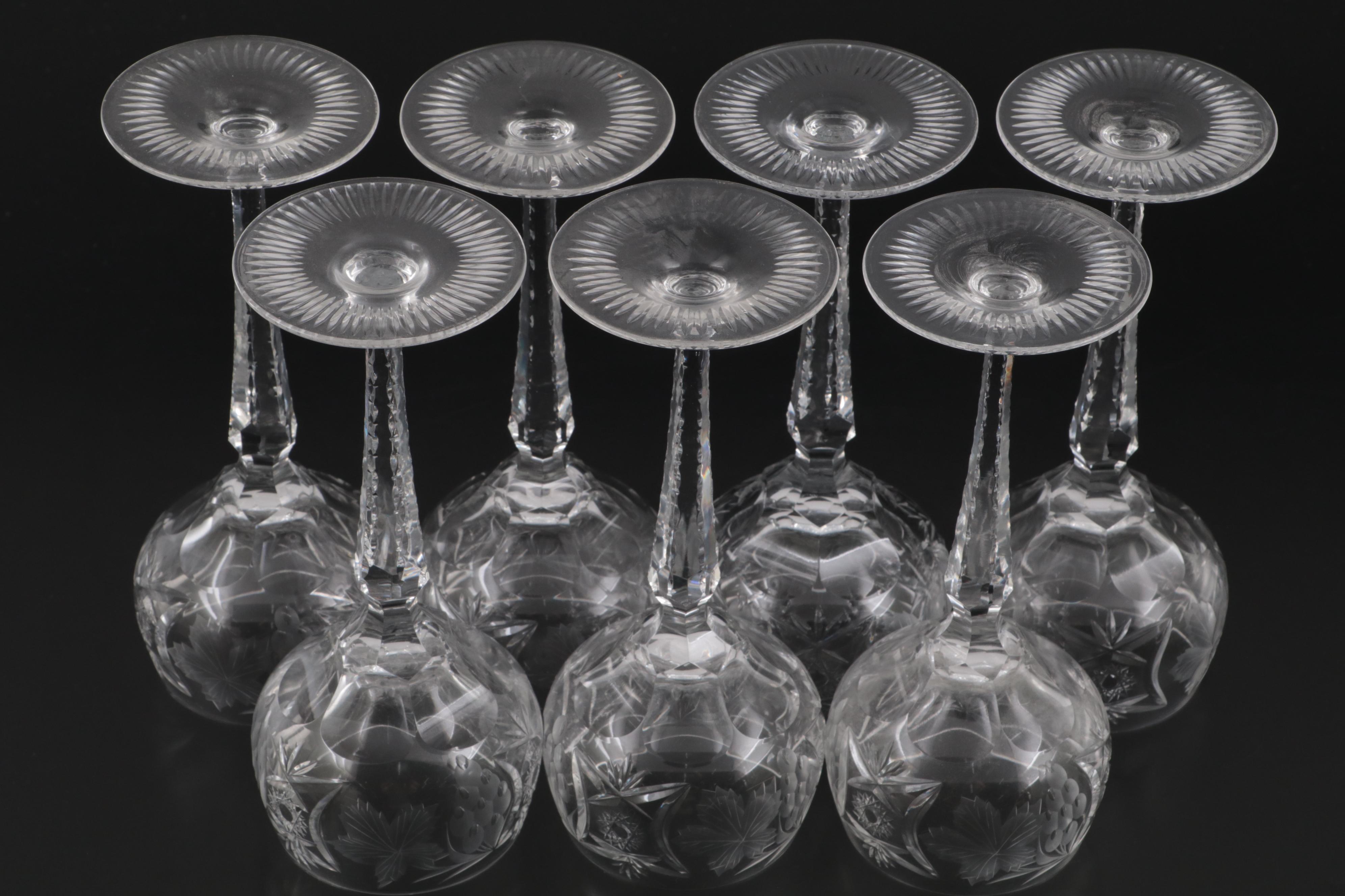 Farber Bros. Krome Kraft Metal Tray with Fruit and Foliate Cut Crystal Glasses