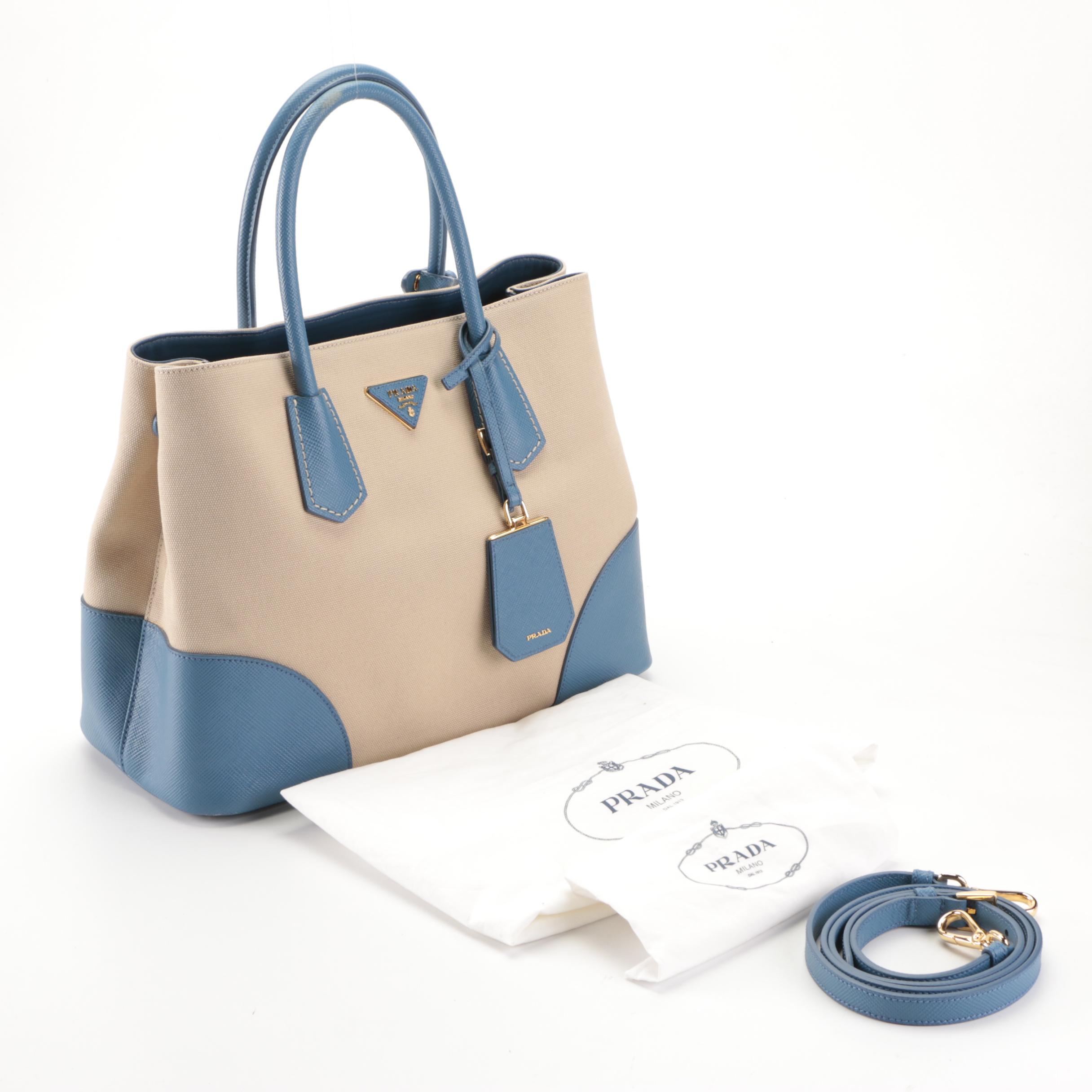Prada Cuir Double Tote Small in Canvas and Blue Saffiano Leather