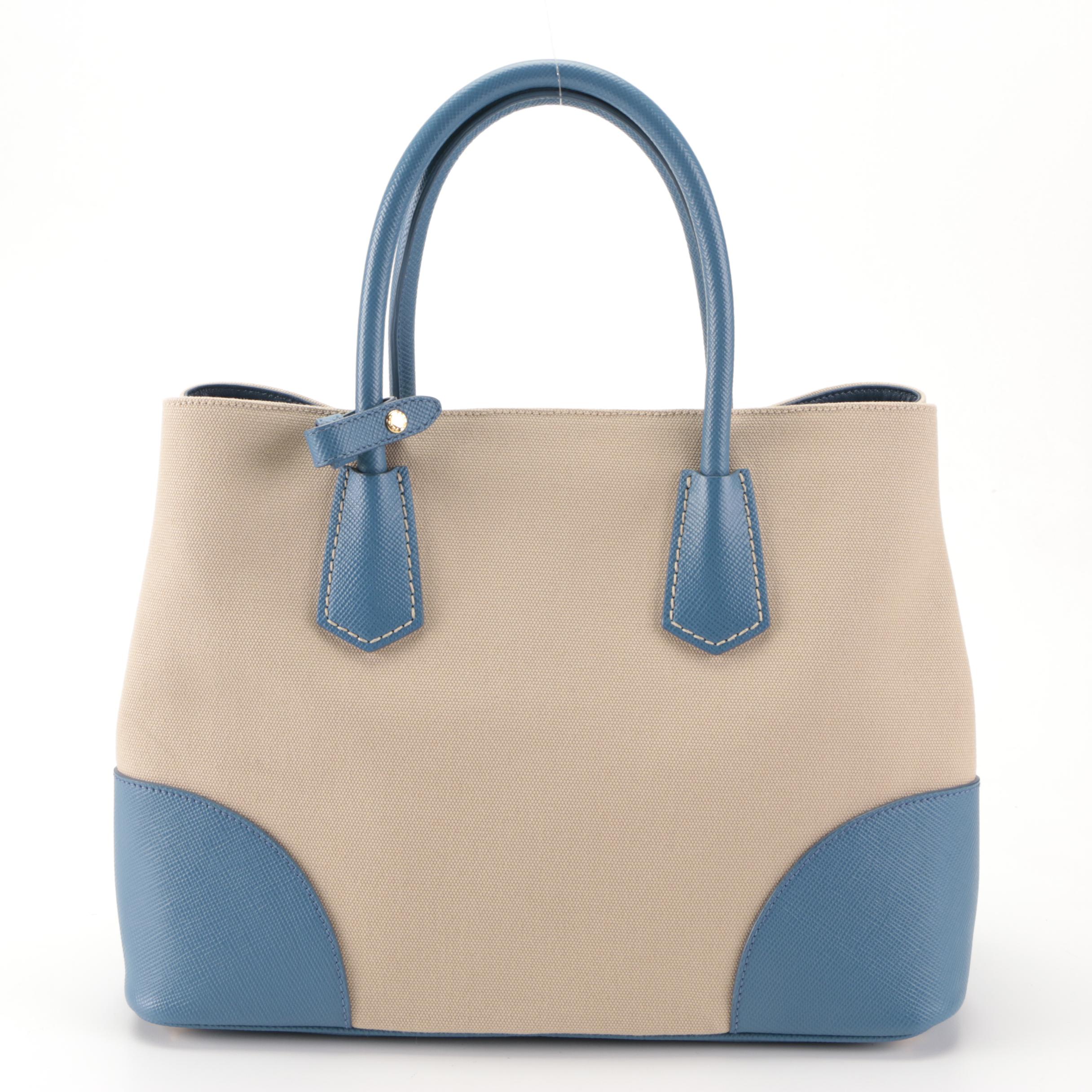Prada Cuir Double Tote Small in Canvas and Blue Saffiano Leather