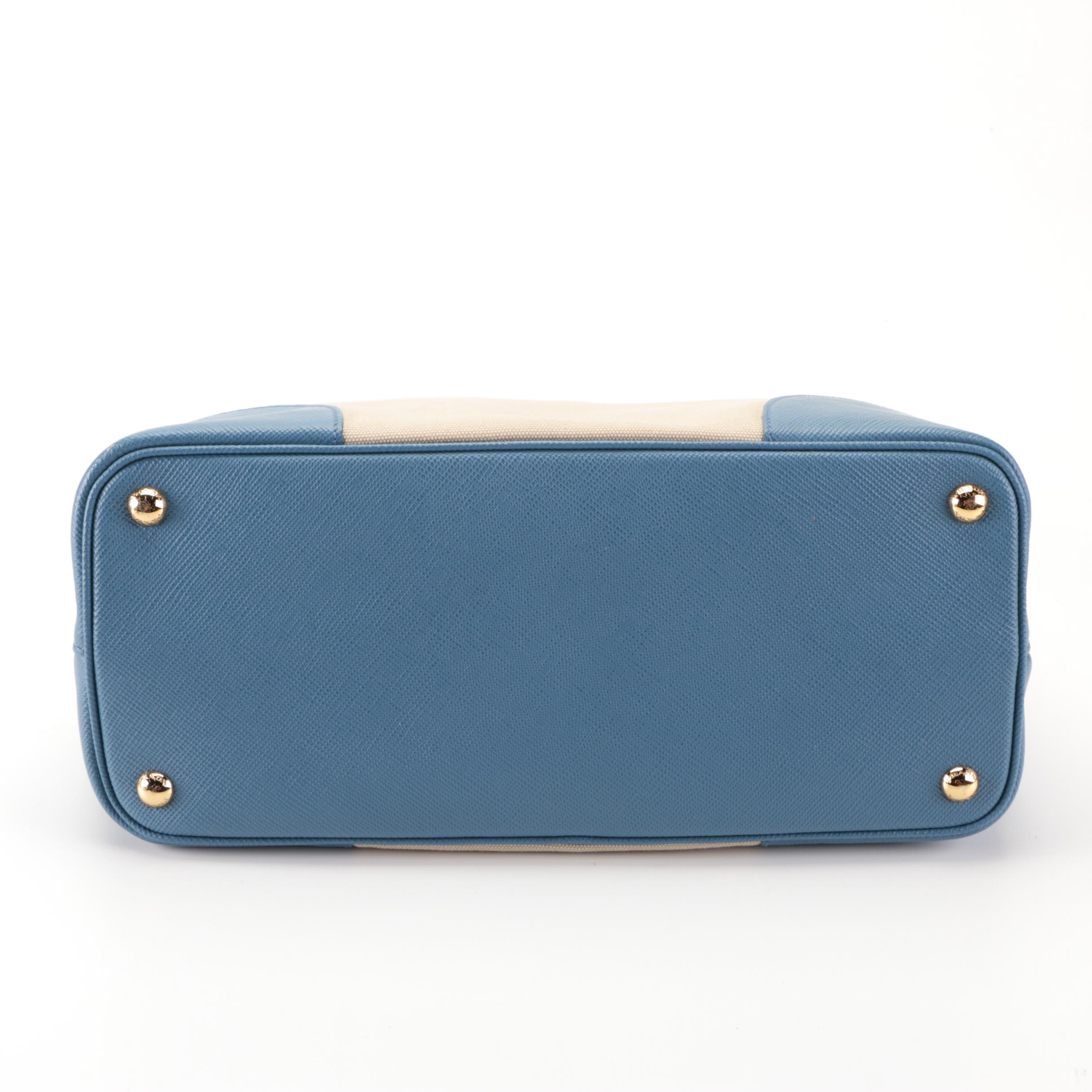 Prada Cuir Double Tote Small in Canvas and Blue Saffiano Leather