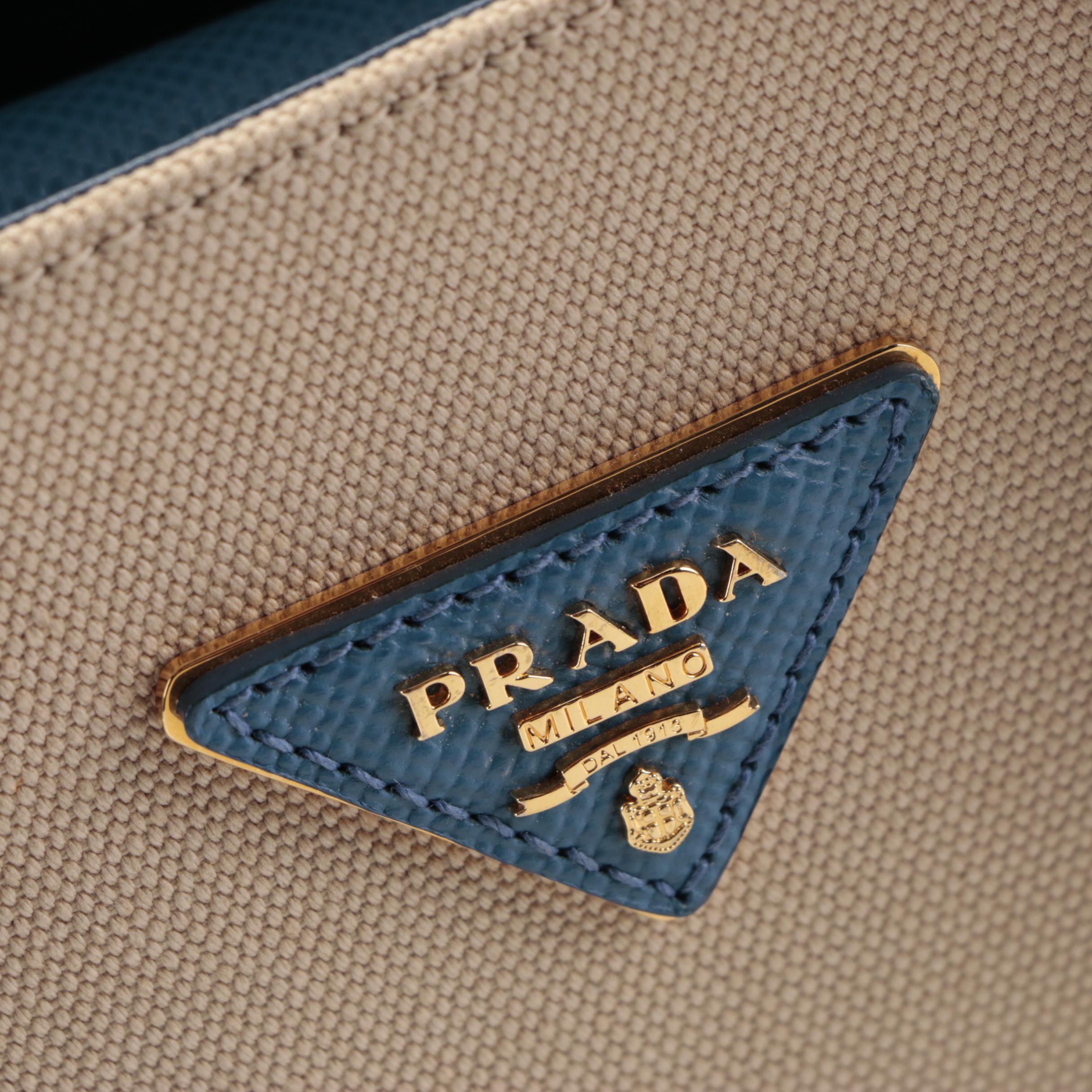Prada Cuir Double Tote Small in Canvas and Blue Saffiano Leather