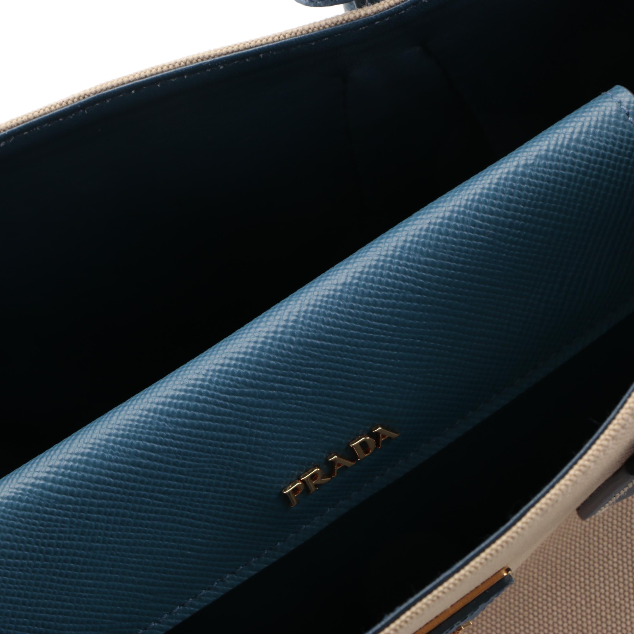 Prada Cuir Double Tote Small in Canvas and Blue Saffiano Leather