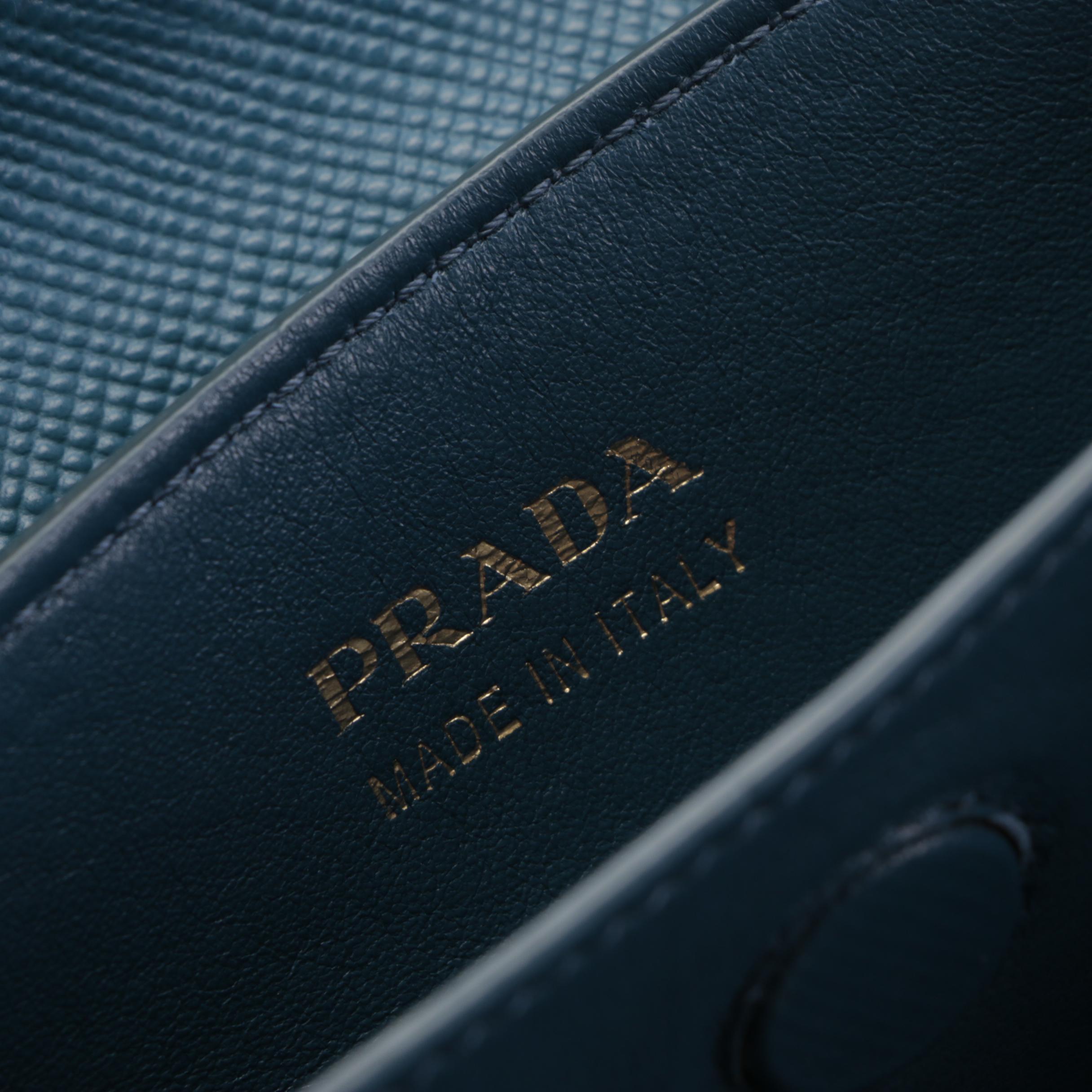 Prada Cuir Double Tote Small in Canvas and Blue Saffiano Leather